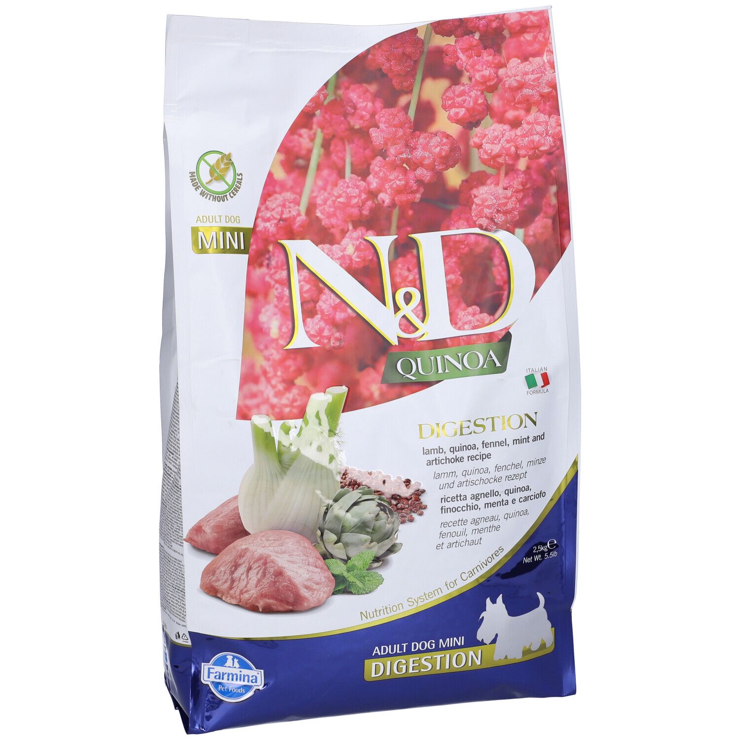 Trockenfutter-Verpackung. Aufdruck: N&D Quinoa Digestion, Zutaten, Mini, Adult Dog. Abbildung: Lamm, Fenchel, Artischocke. Marke Farmina.