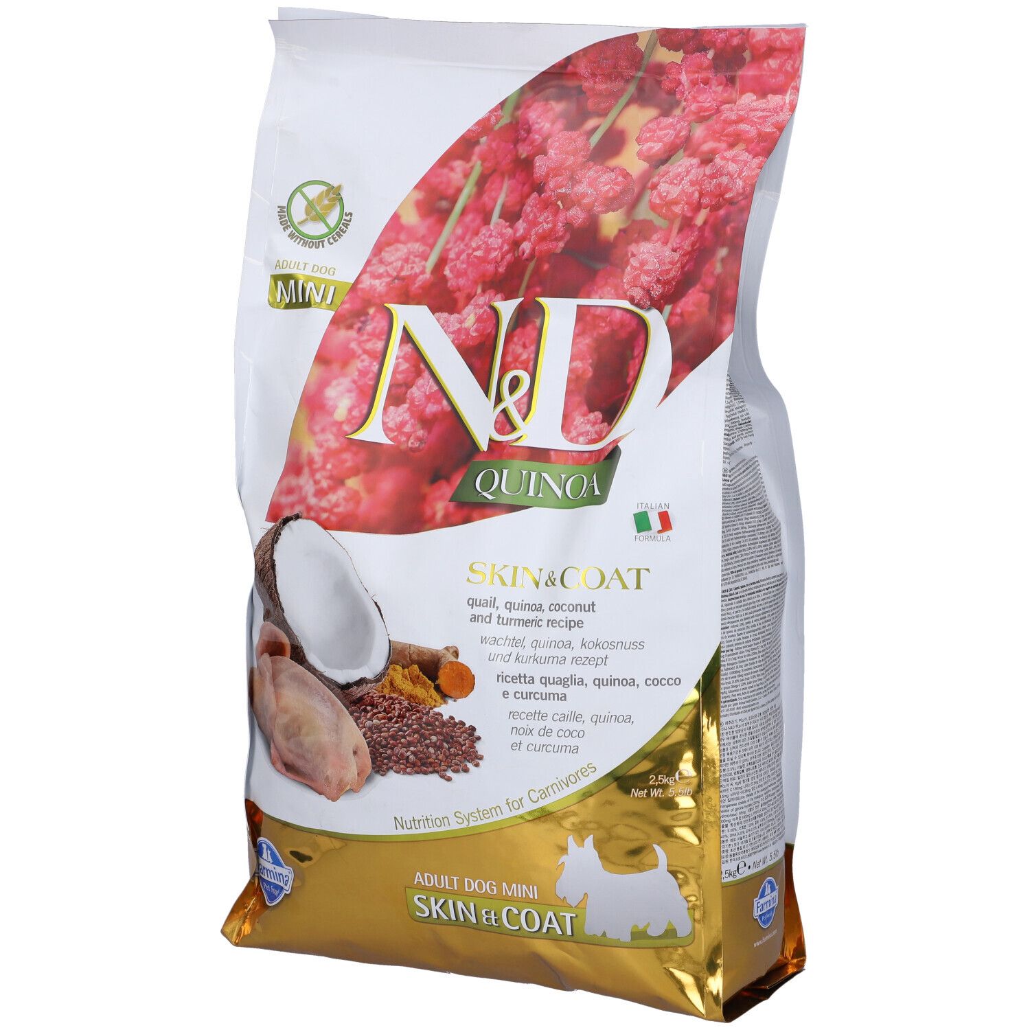 Verpackung Trockenfutter für Hunde. Aufschrift: N&D Quinoa Skin & Coat. Abbildung von Zutaten: Wachtel, Kokosnuss, Kurkuma.