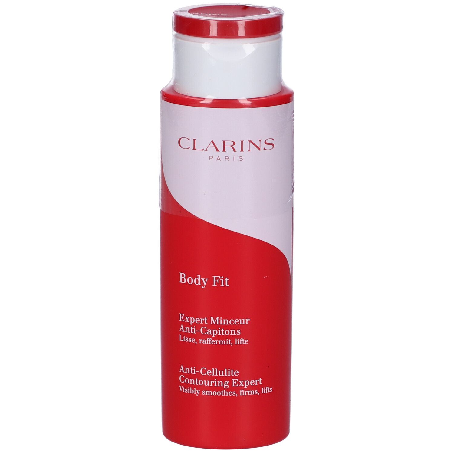 Flacone rosso e bianco Clarins Body Fit. Scritte: Expert Minceur Anti-Capitons, Anti-Cellulite Contouring Expert.
