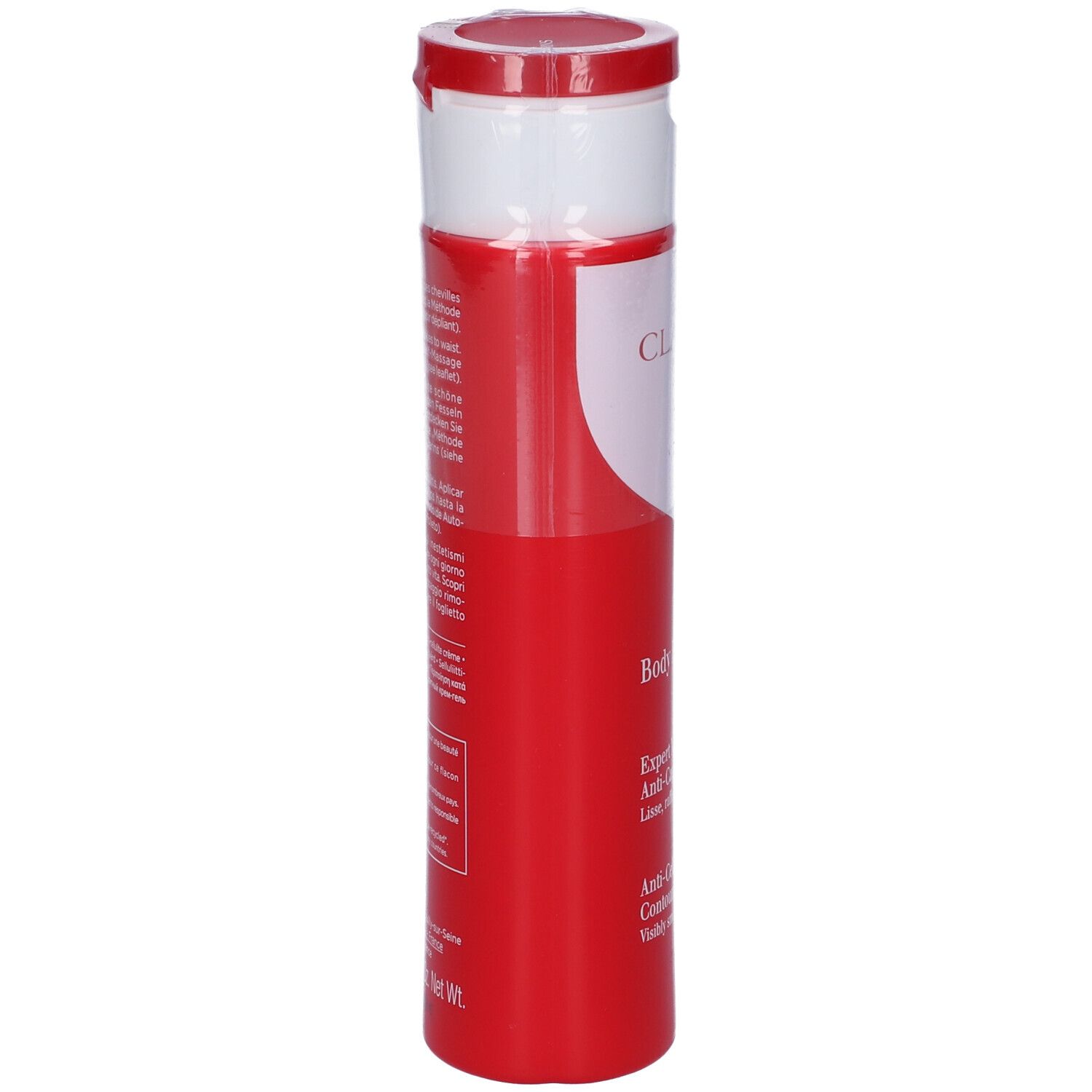 Flacone rosso e bianco Clarins Body Fit. Scritte visibili. Confezione in plastica rossa.