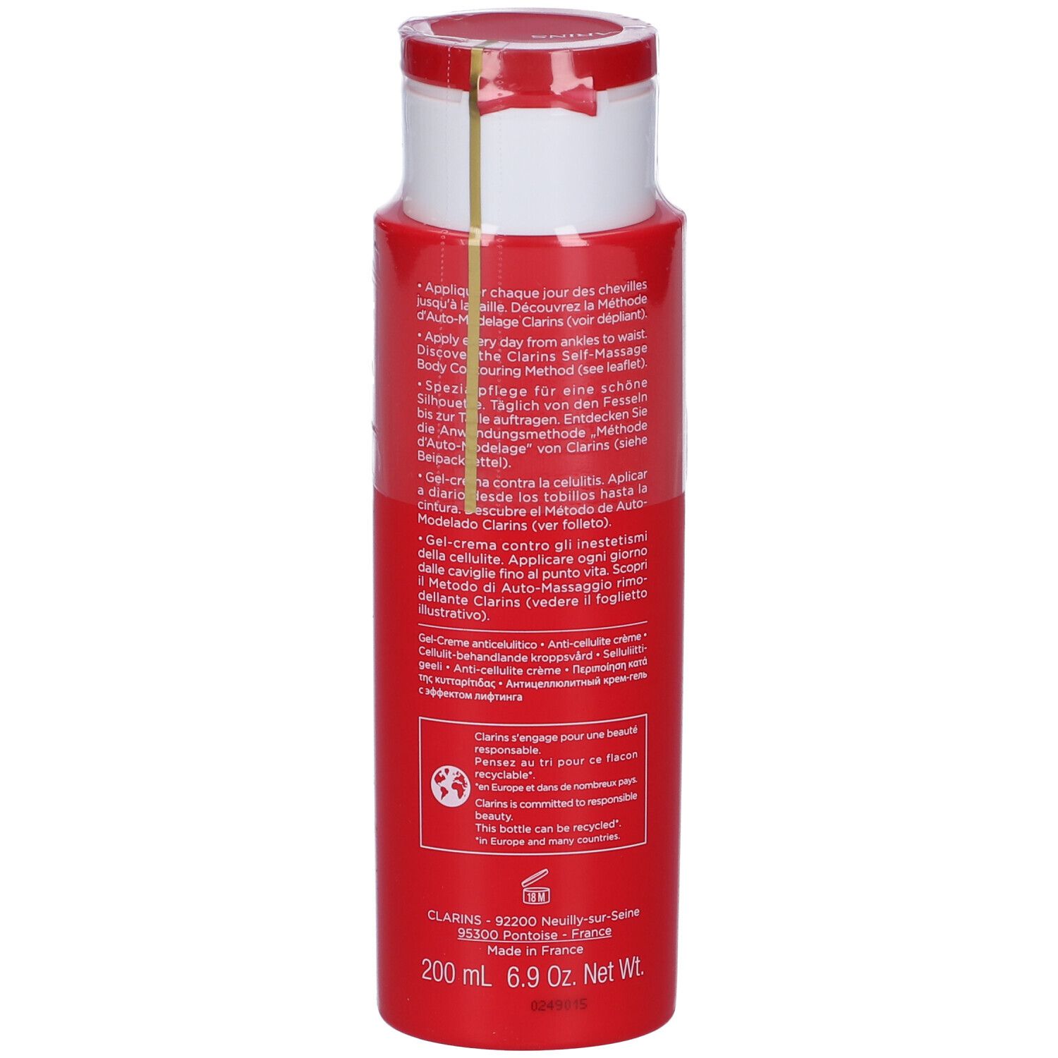 Flacone rosso e bianco Clarins Body Fit. Scritte visibili. Confezione e testo.