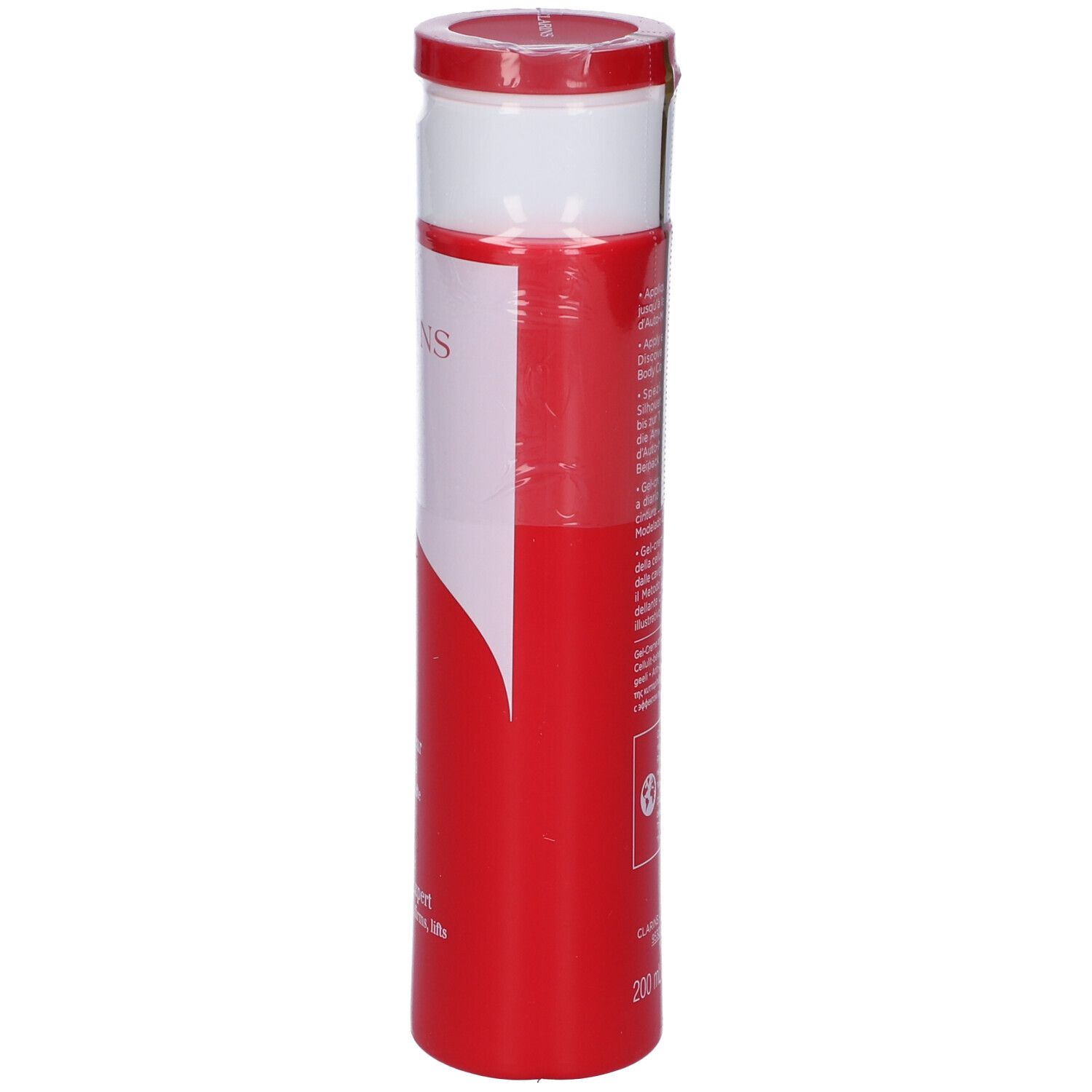 Flacone rosso e bianco Clarins Body Fit. Scritte visibili. Confezione.