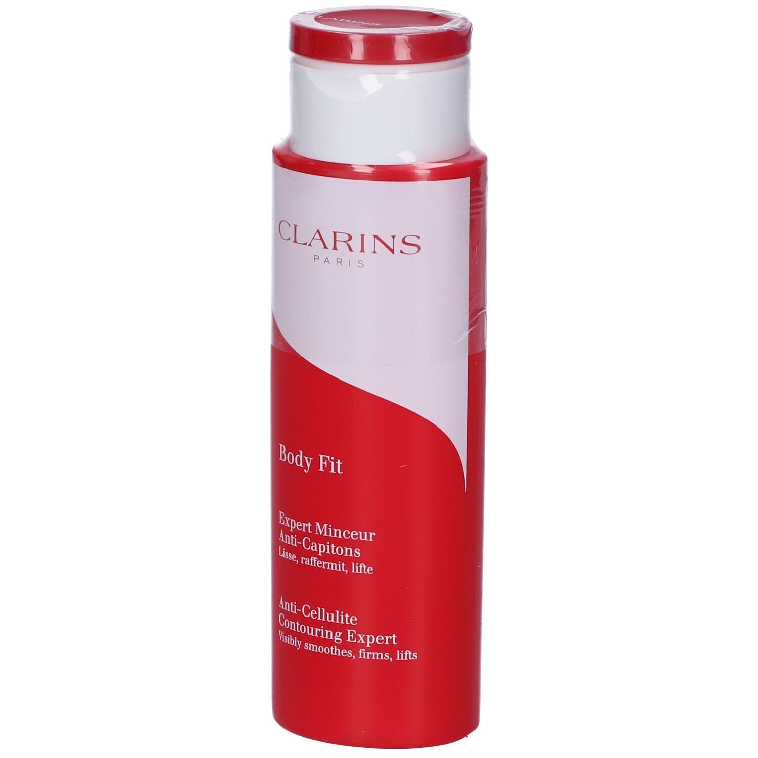 Flacone rosso e bianco Clarins Body Fit. Scritte: Expert Minceur Anti-Capitons, Anti-Cellulite Contouring Expert.