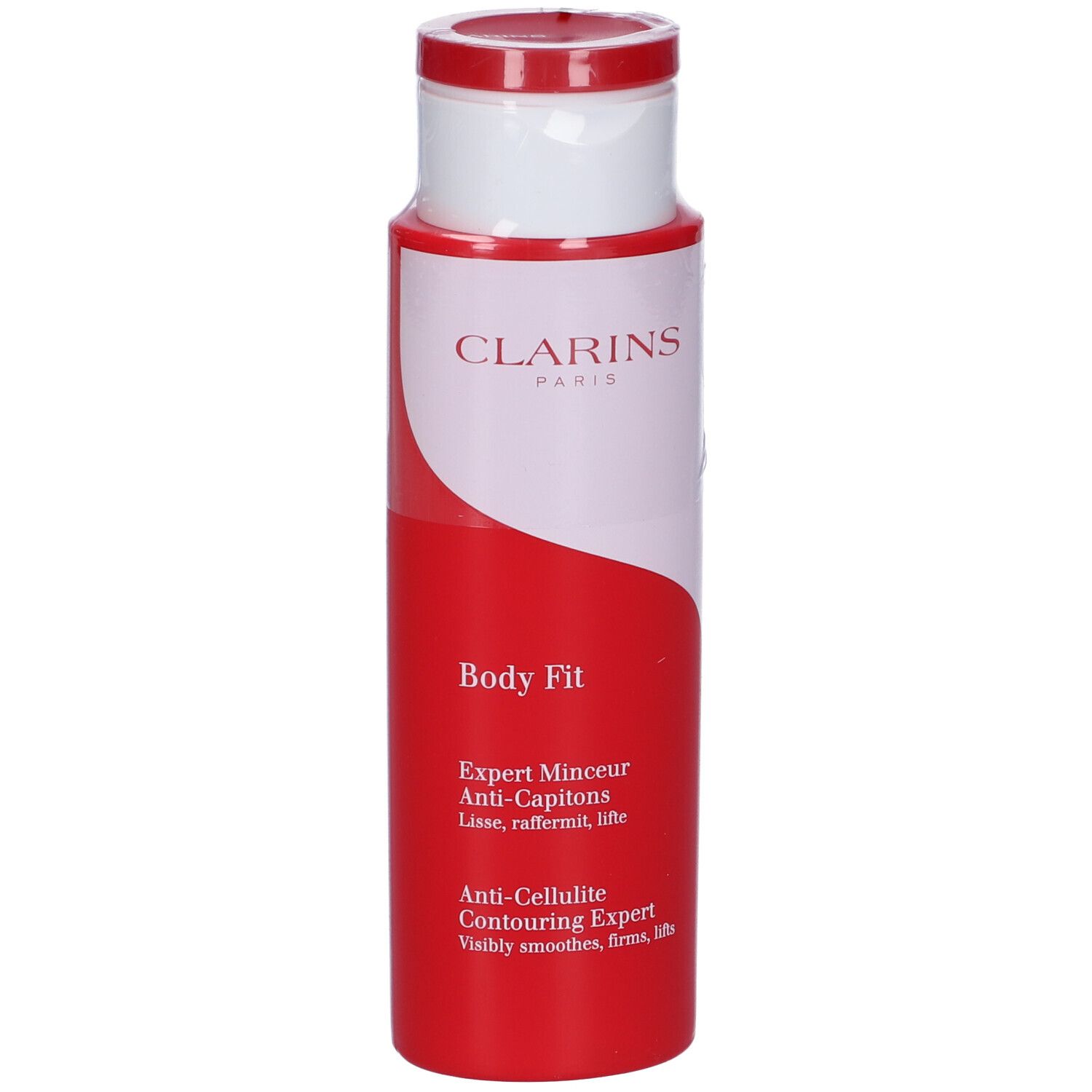 Flacone rosso e bianco Clarins Body Fit. Scritte: Expert Minceur Anti-Capitons, Anti-Cellulite Contouring Expert.