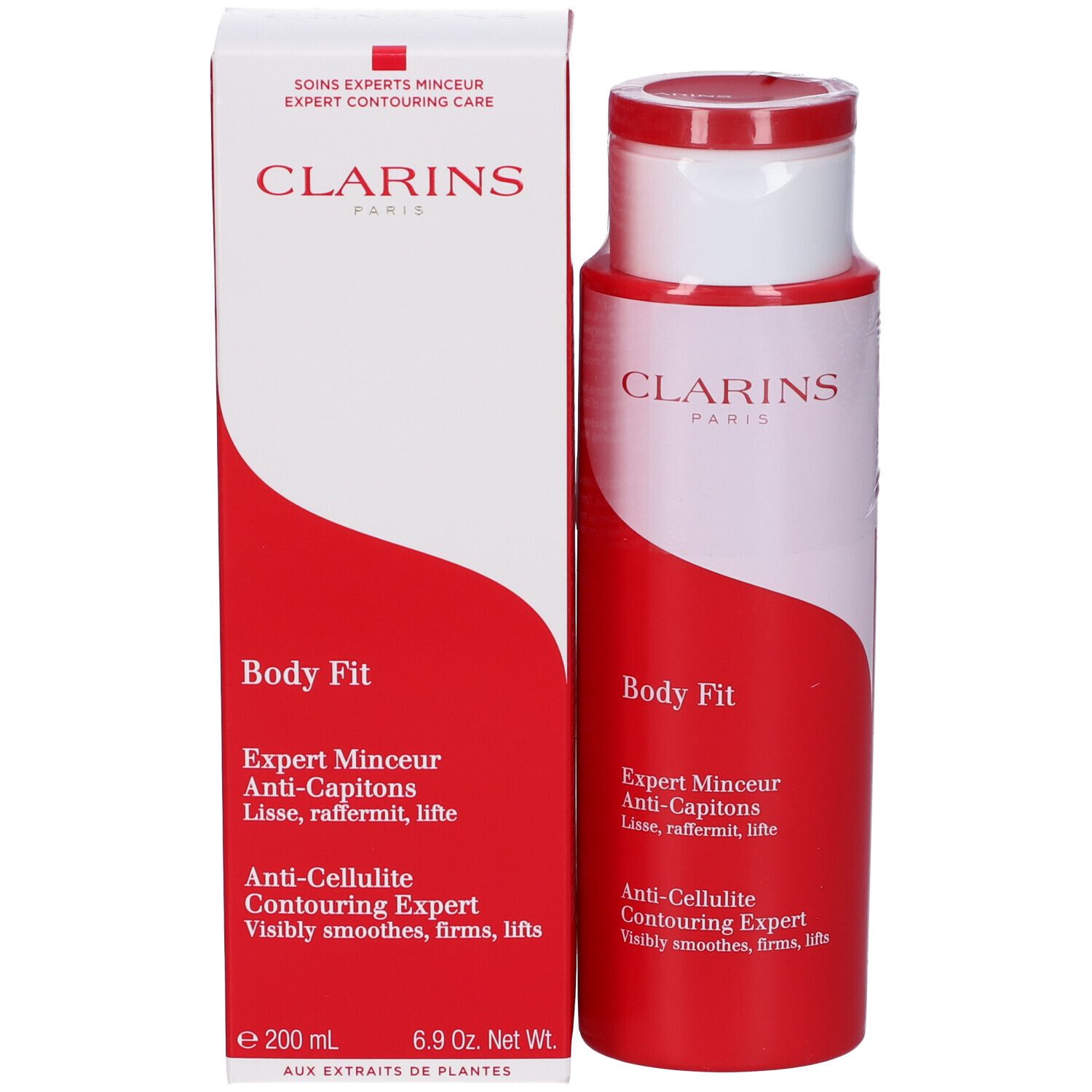 Confezione prodotto con flacone. Scritte: Clarins, Body Fit, Anti-Cellulite. Nome e caratteristiche.