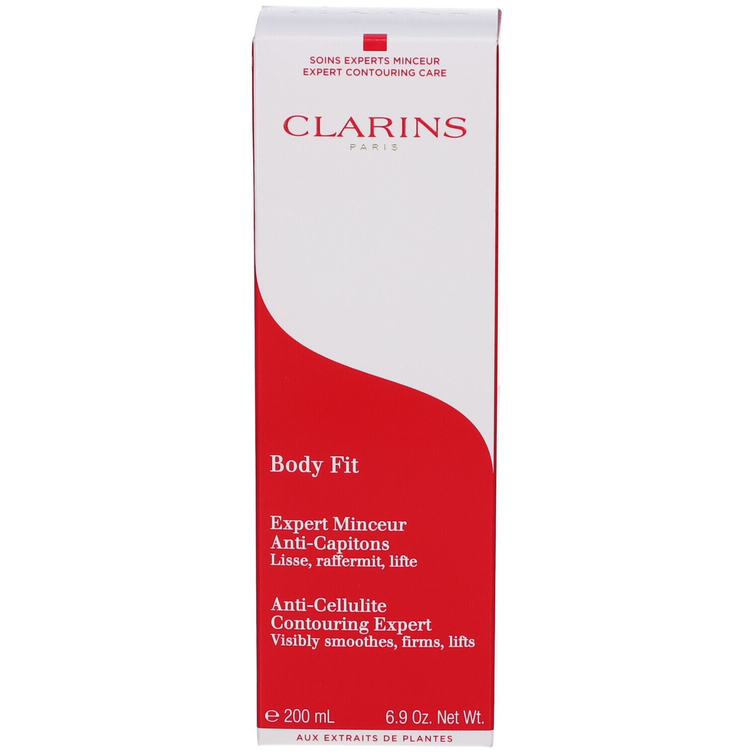 Confezione prodotto. Scritte: Clarins, Body Fit, Anti-Cellulite. Nome e caratteristiche.