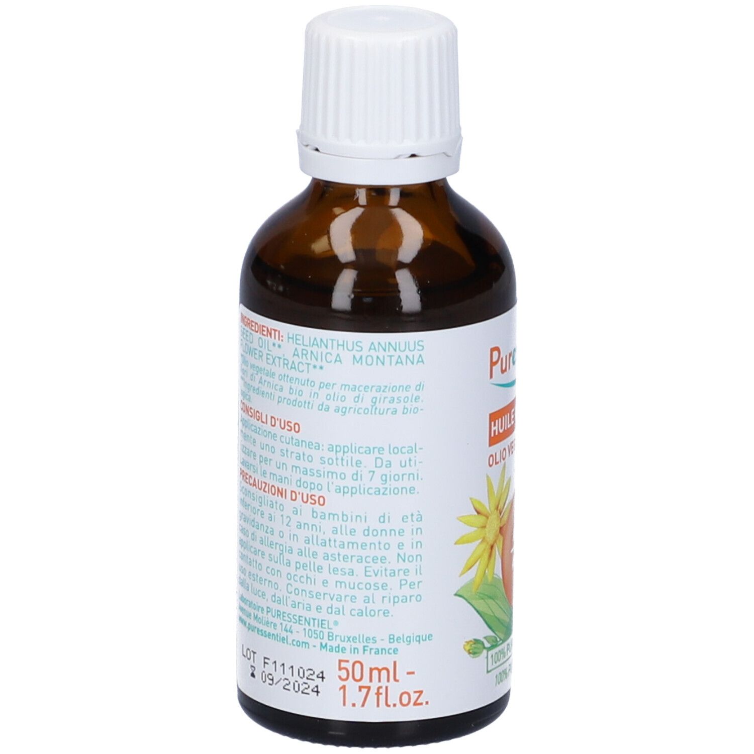 Flacone di vetro marrone con tappo bianco. Etichetta con ingredienti, consigli d'uso e avvertenze. 50ml.