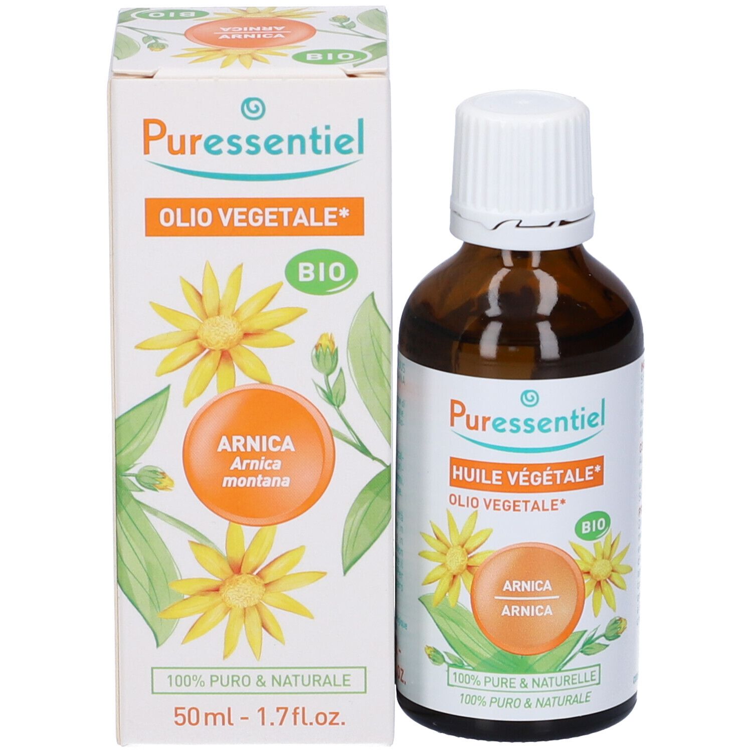 Flacone e confezione. Flacone marrone, scatola bianca con nome del prodotto, marchio bio e fiori gialli.