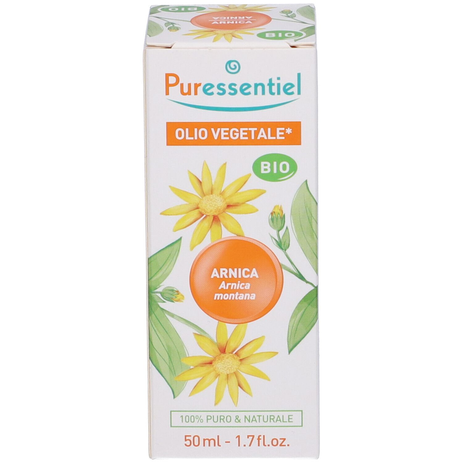 Confezione bianca con nome del prodotto, marchio bio e fiori gialli. 50ml. Nome prodotto: Olio Vegetale.