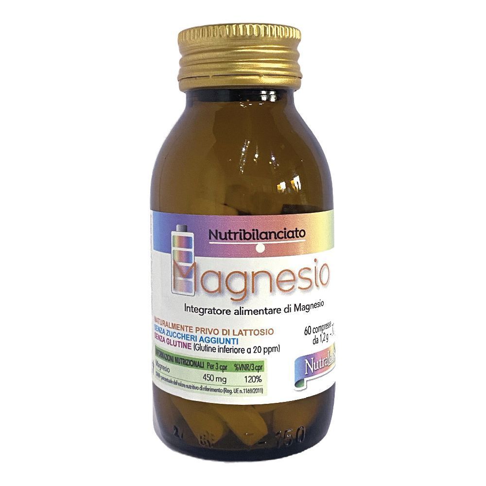 Flacone di vetro marrone con tappo dorato. Scritta 'Magnesio' e 'Nutribilanciato'. Contiene 60 compresse.
