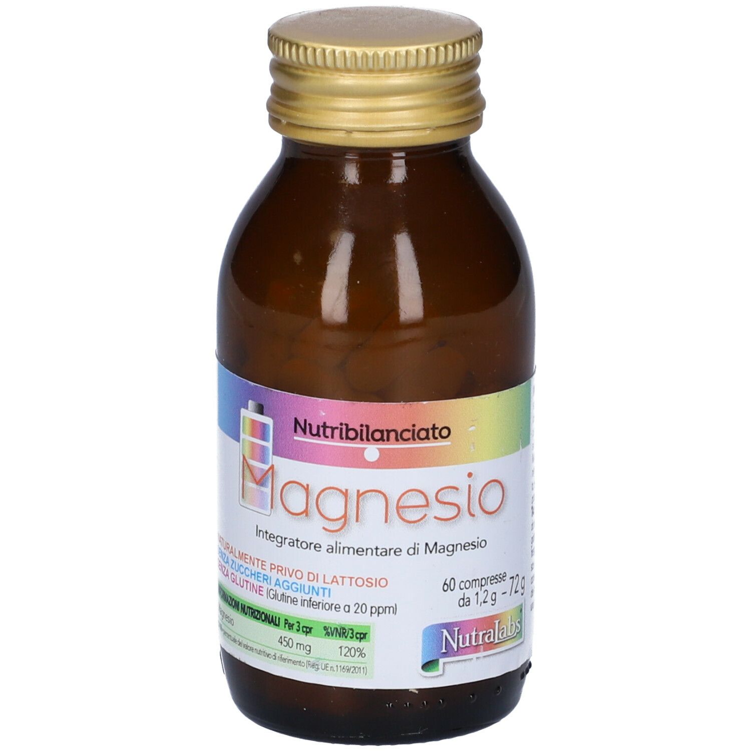 Flacone marrone con tappo dorato. Scritta 'Magnesio' e 'Nutribilanciato'. 60 compresse.