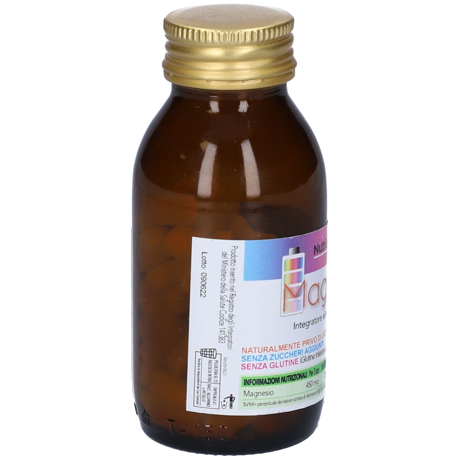 Flacone marrone con tappo dorato. Retro con testo. Visibili 'Magnesio' e 'Nutribilanciato'.