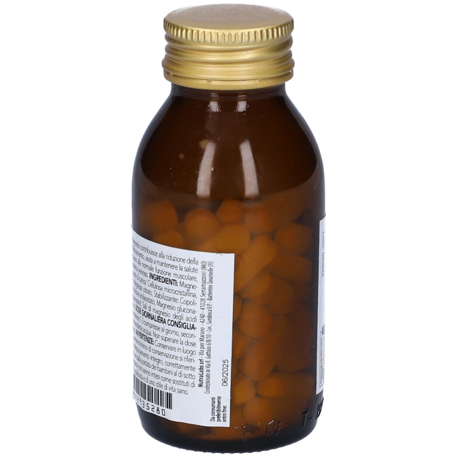 Flacone marrone con tappo dorato. Retro con testo. Visibili 'Magnesio' e 'Nutribilanciato'.