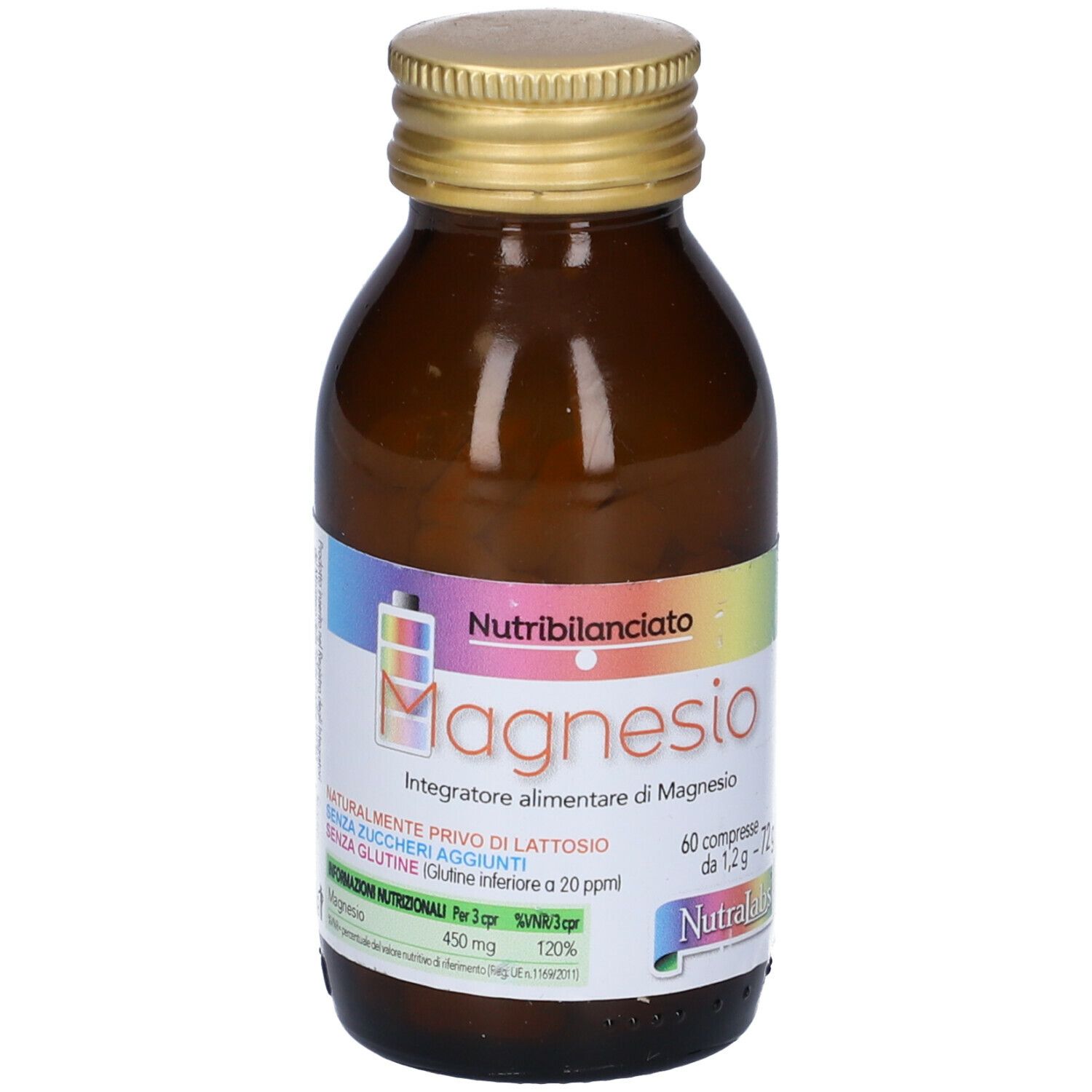 Flacone marrone con tappo dorato. Scritta 'Magnesio' e 'Nutribilanciato'. 60 compresse.