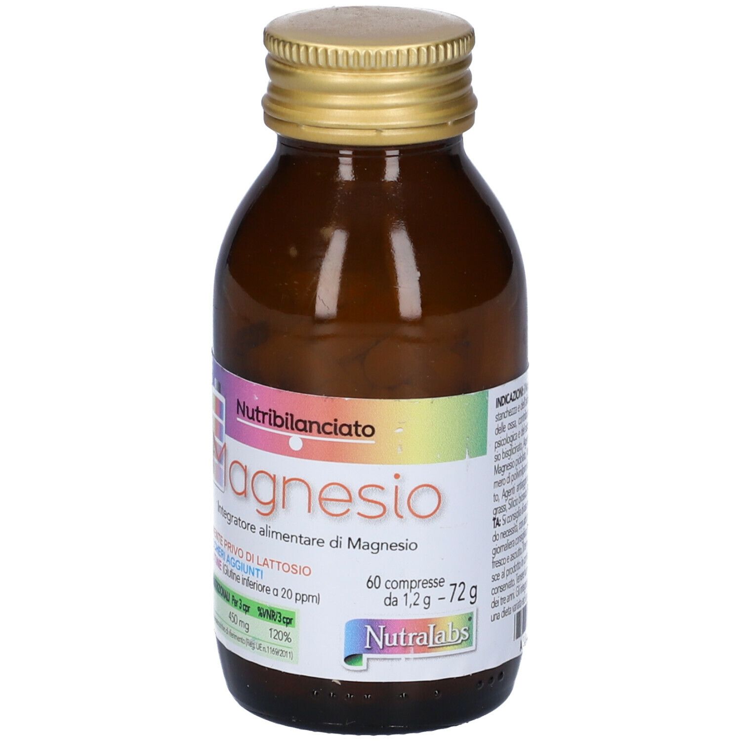 Flacone marrone con tappo dorato. Scritta 'Magnesio' e 'Nutribilanciato'. 60 compresse.