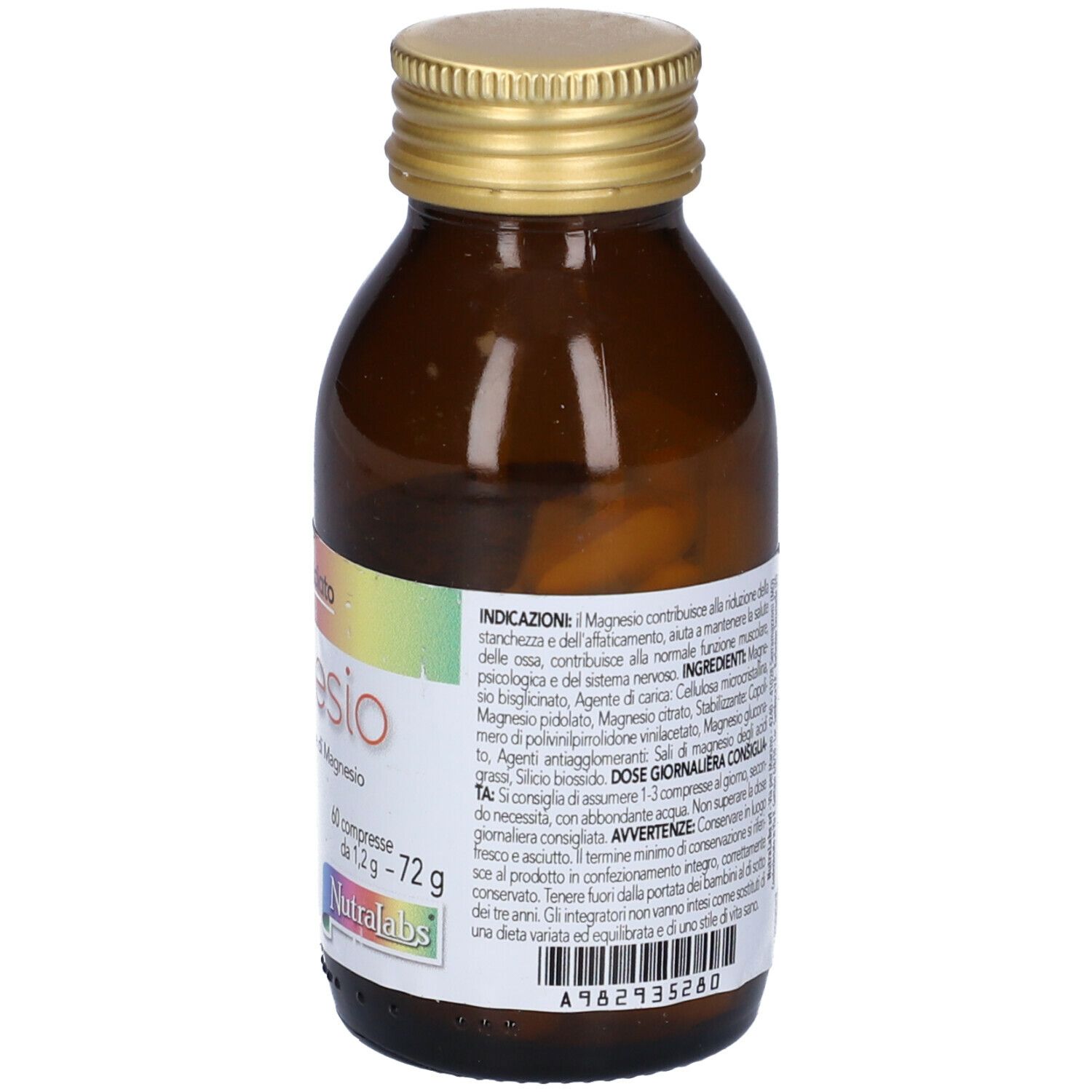 Flacone marrone con tappo dorato. Retro con testo. Visibili 'Magnesio' e 'Nutribilanciato'.