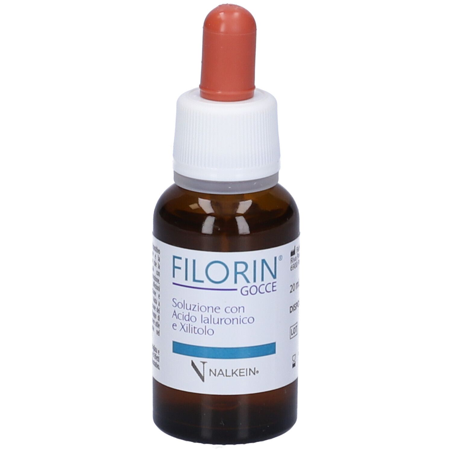 Flacone di vetro marrone con tappo bianco e punta rossa. Scritta: FILORIN Gocce, soluzione con acido ialuronico e xilitolo. Marchio: NALKEIN.