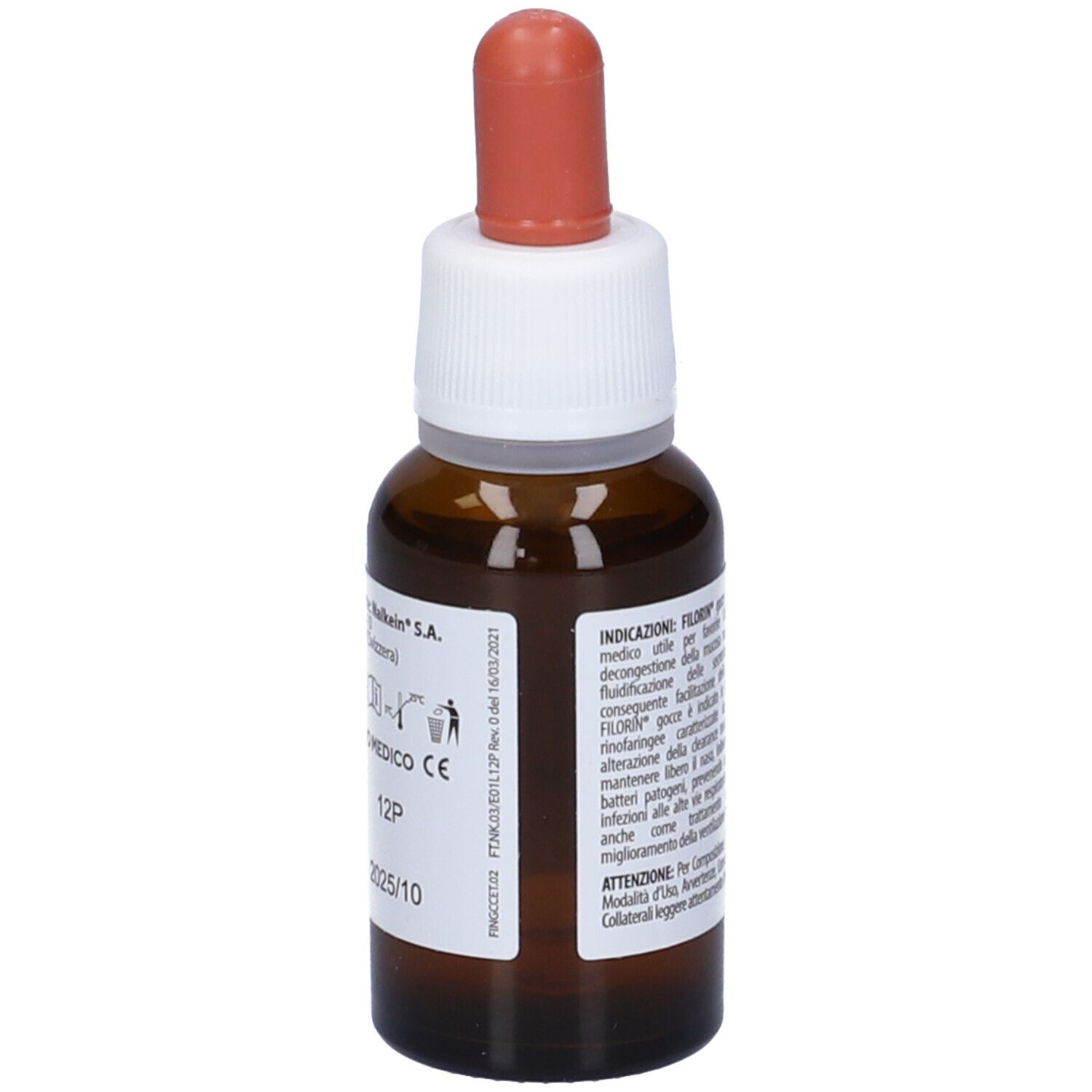 Flacone di vetro marrone con tappo bianco e punta rossa. Testo in italiano. Nome prodotto: FILORIN Gocce. Dispositivo medico.