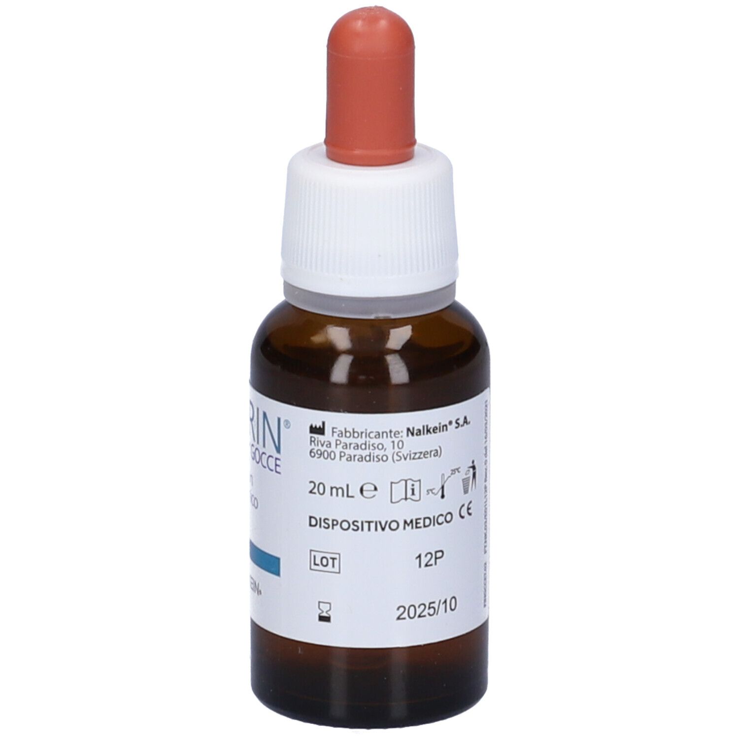 Flacone di vetro marrone con tappo bianco e punta rossa. Scritta: FILORIN Gocce, 20 ml. Dispositivo medico. Scadenza 2025/10.