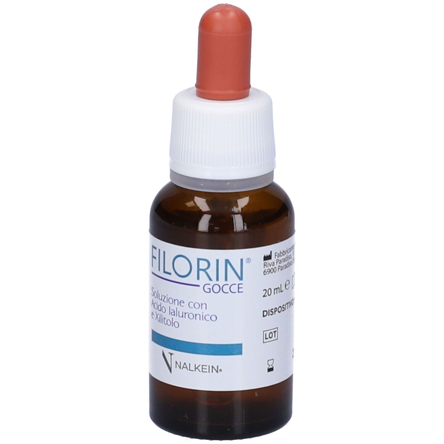 Flacone di vetro marrone con tappo bianco e punta rossa. Scritta: FILORIN Gocce, 20 ml. Marchio: NALKEIN.