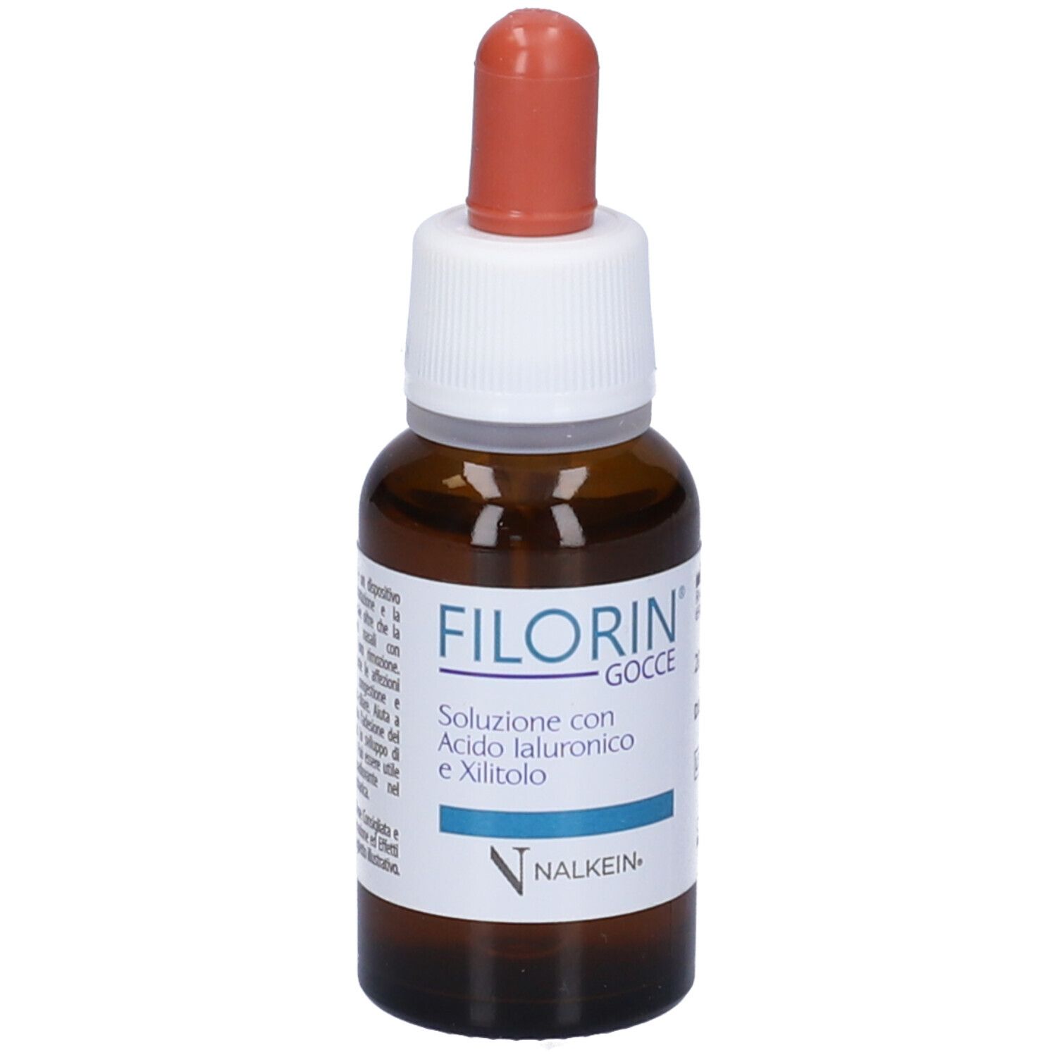 Flacone di vetro marrone con tappo bianco e punta rossa. Scritta: FILORIN Gocce, soluzione con acido ialuronico e xilitolo. Marchio: NALKEIN.