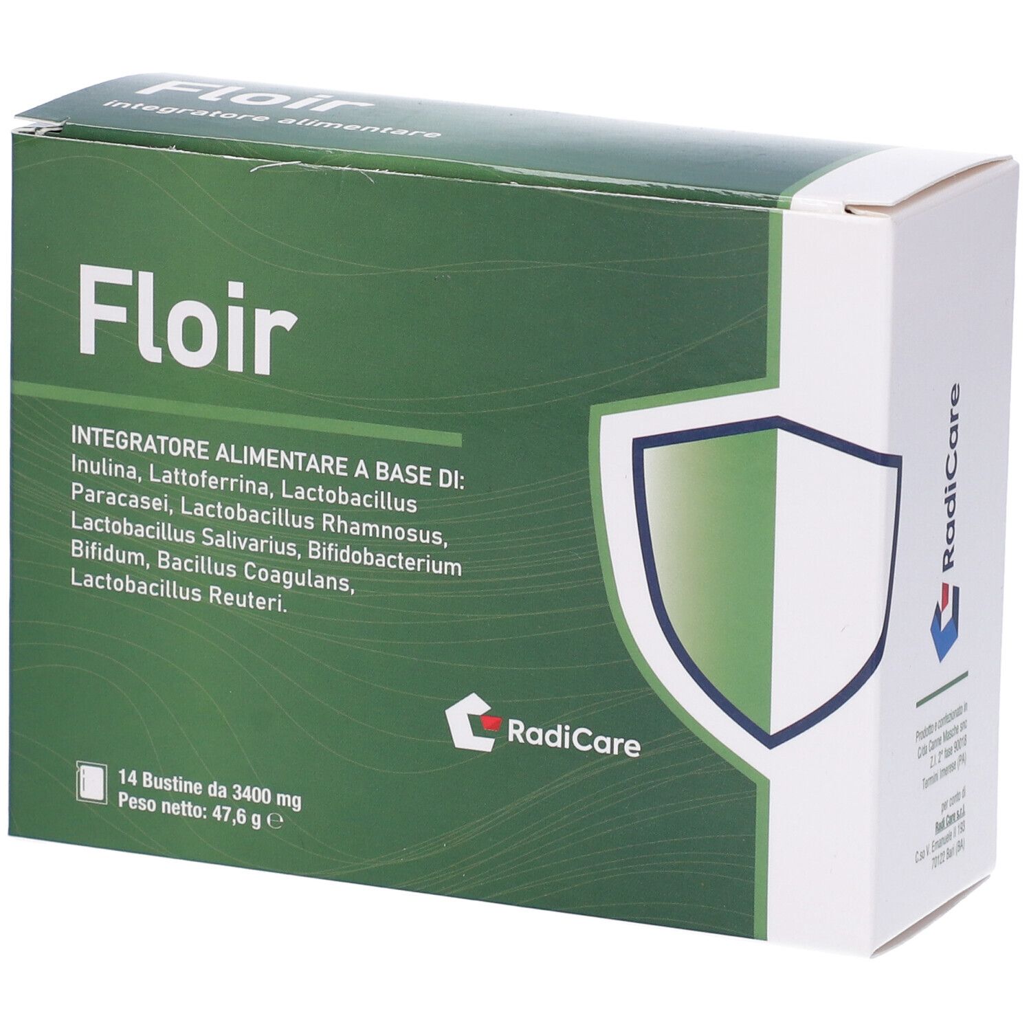 Scatola Floir con dettagli nutrizionali e logo Radicare. Contiene 14 bustine, 47,6 g.