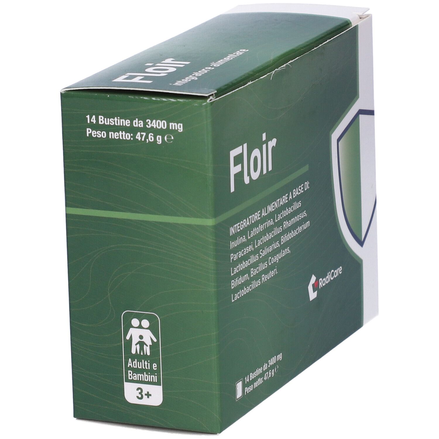 Scatola verde Floir con dettagli nutrizionali. Contiene 14 bustine. Adatto a bambini dai 3 anni.
