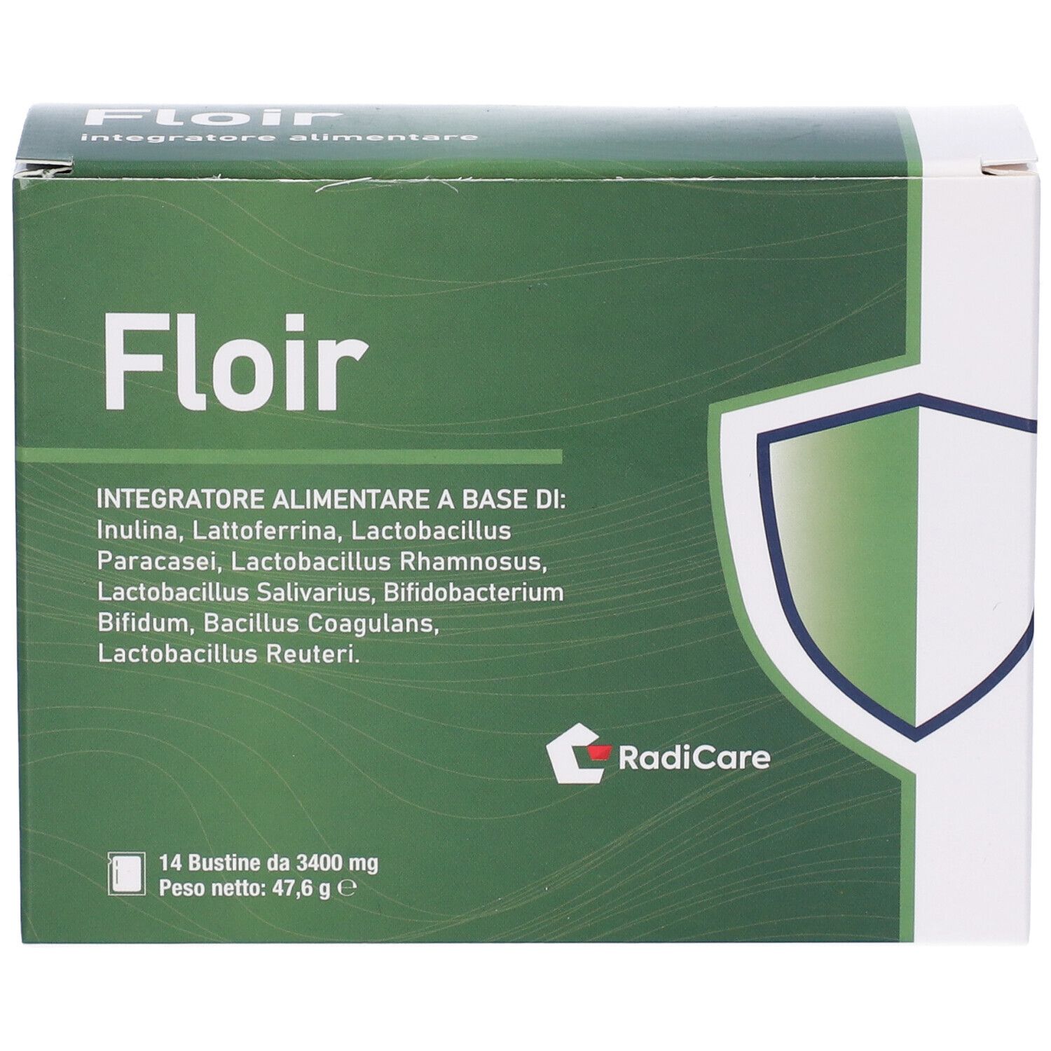 Scatola Floir con dettagli nutrizionali e logo Radicare. Contiene 14 bustine, 47,6 g.