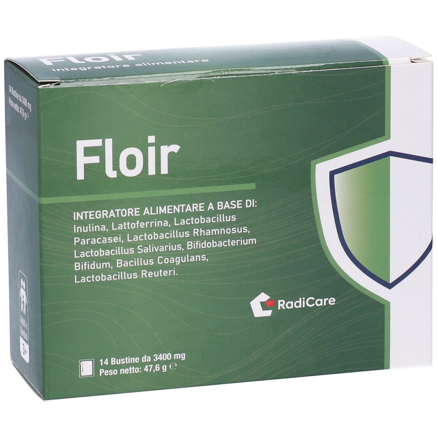 Scatola Floir con dettagli nutrizionali e logo Radicare. Contiene 14 bustine, 47,6 g.