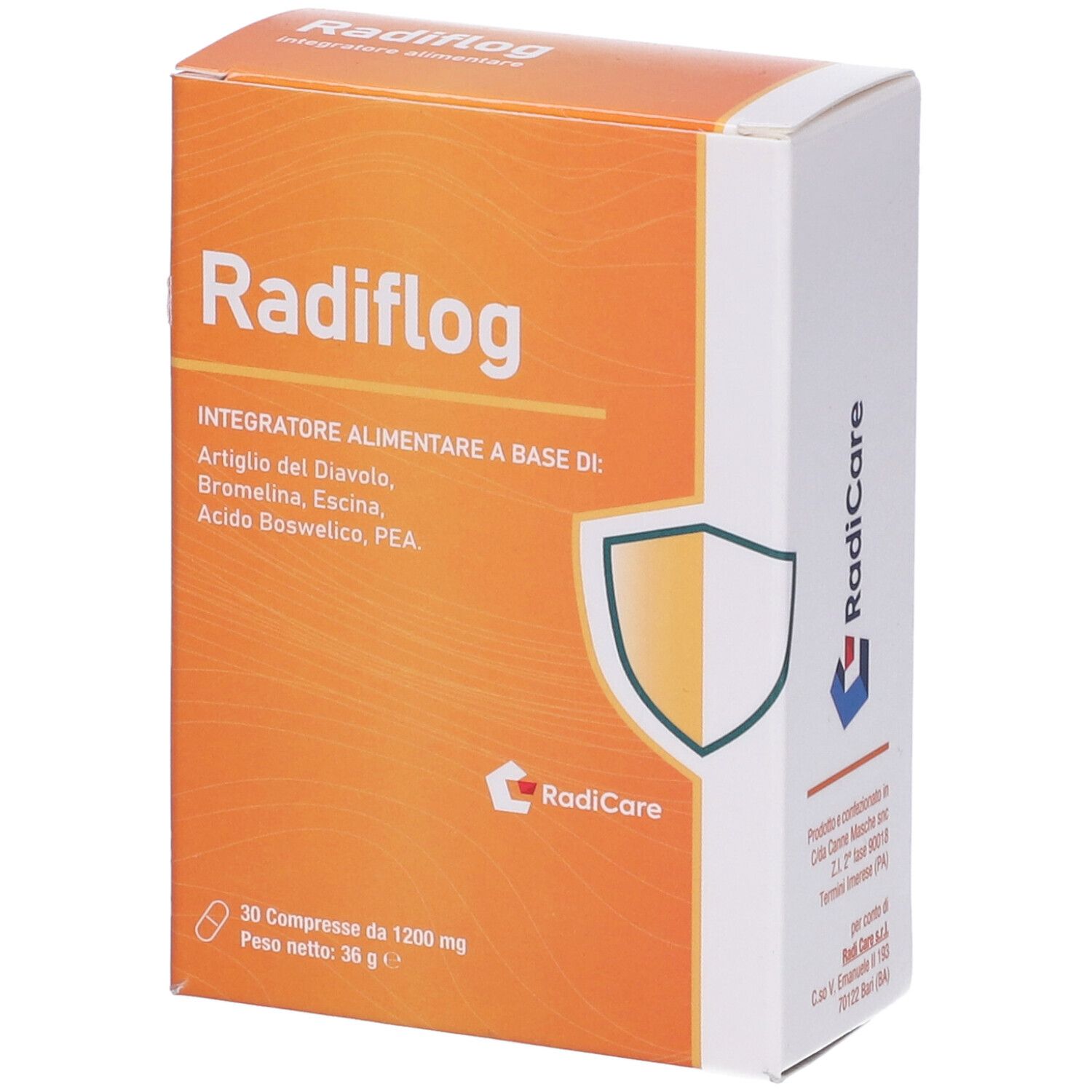 Scatola Radiflog arancione con scritte bianche. Contiene 30 compresse. Marchio: RadiCare. Ingredienti visibili.