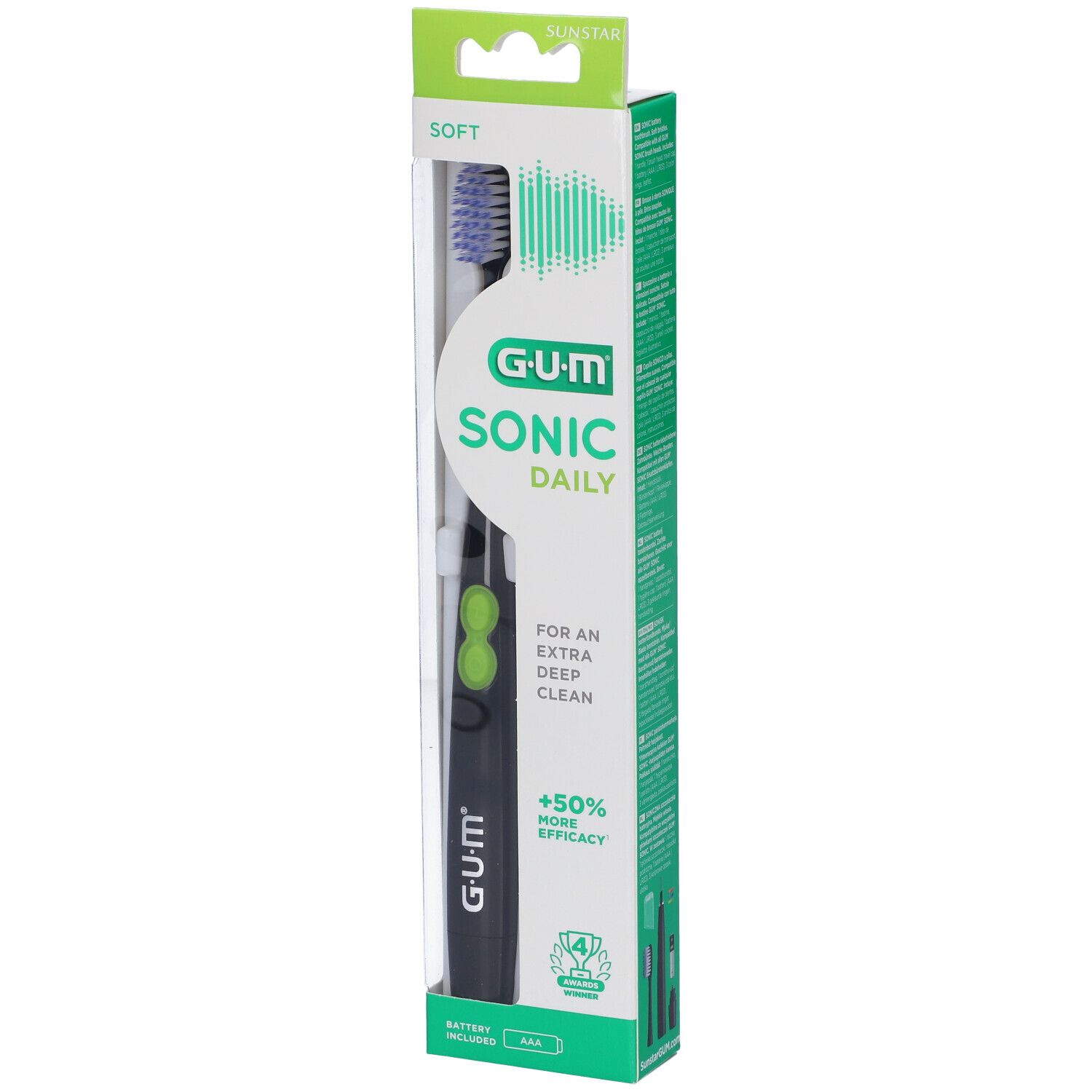 Spazzolino elettrico in confezione. Nero, pulsanti verdi, setole blu-grigie. GUM Sonic Daily.