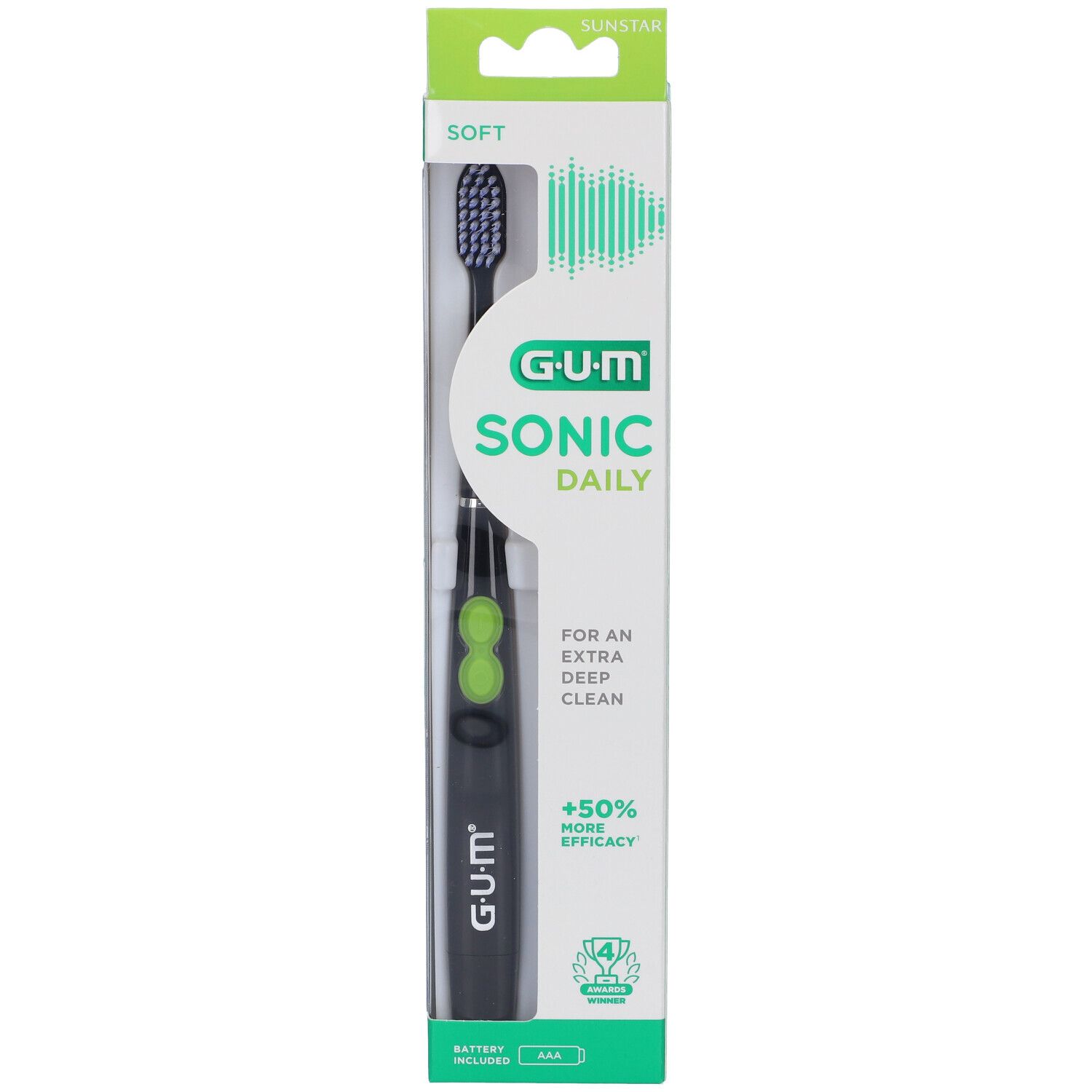 Spazzolino elettrico in confezione. Nero, pulsanti verdi, setole blu. GUM Sonic Daily.