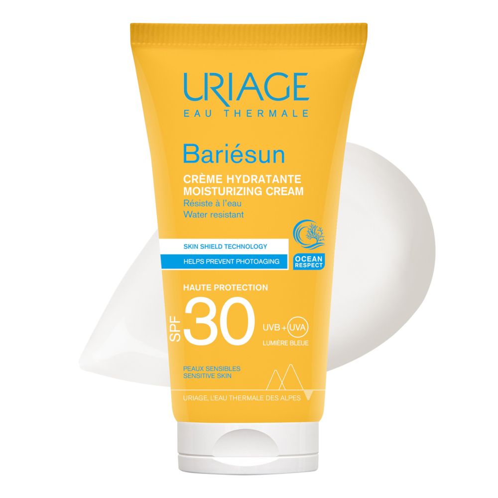 Tubo giallo URIAGE Bariésun Crema SPF 30. Testo e logo. Resistente all'acqua.