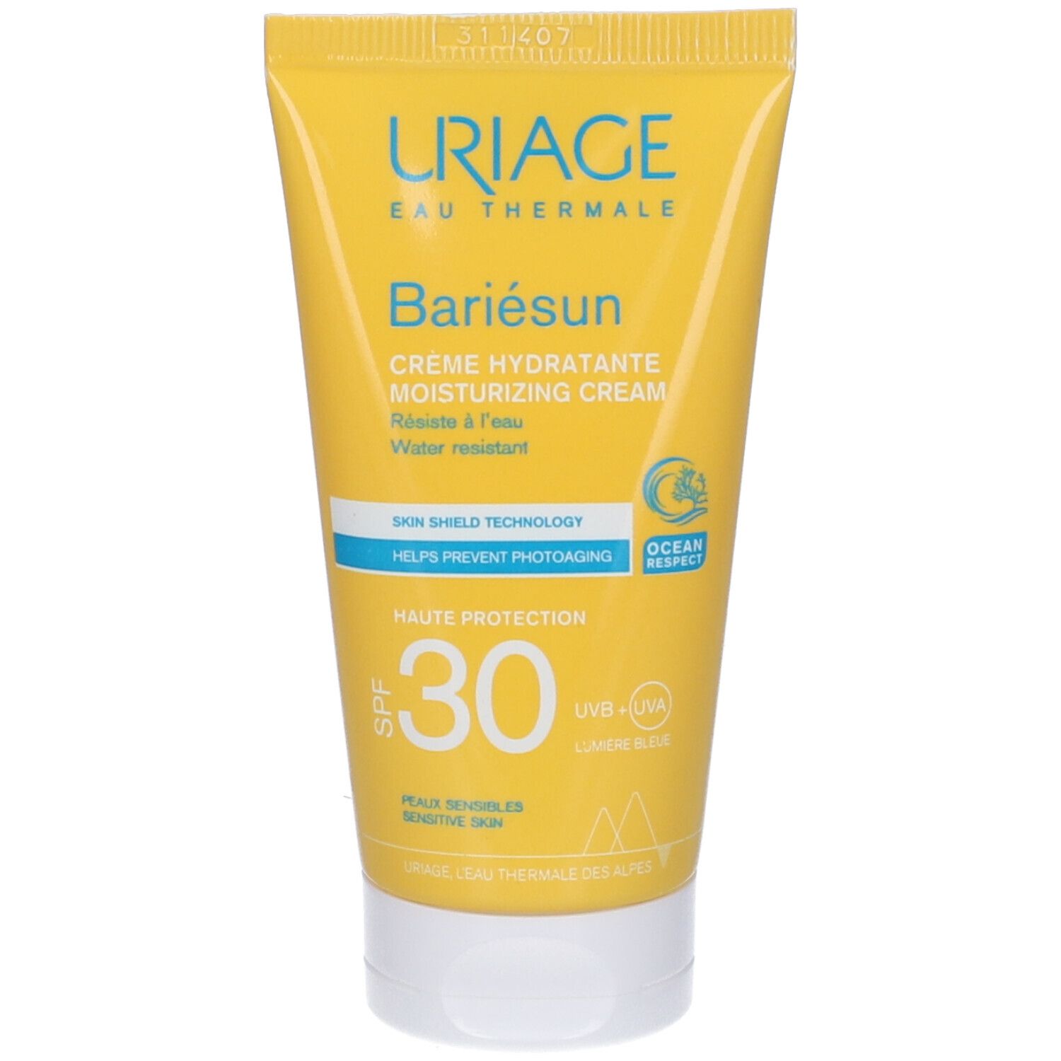 Tubo giallo URIAGE Bariésun Crema SPF 30. Testo e logo. 50ml.