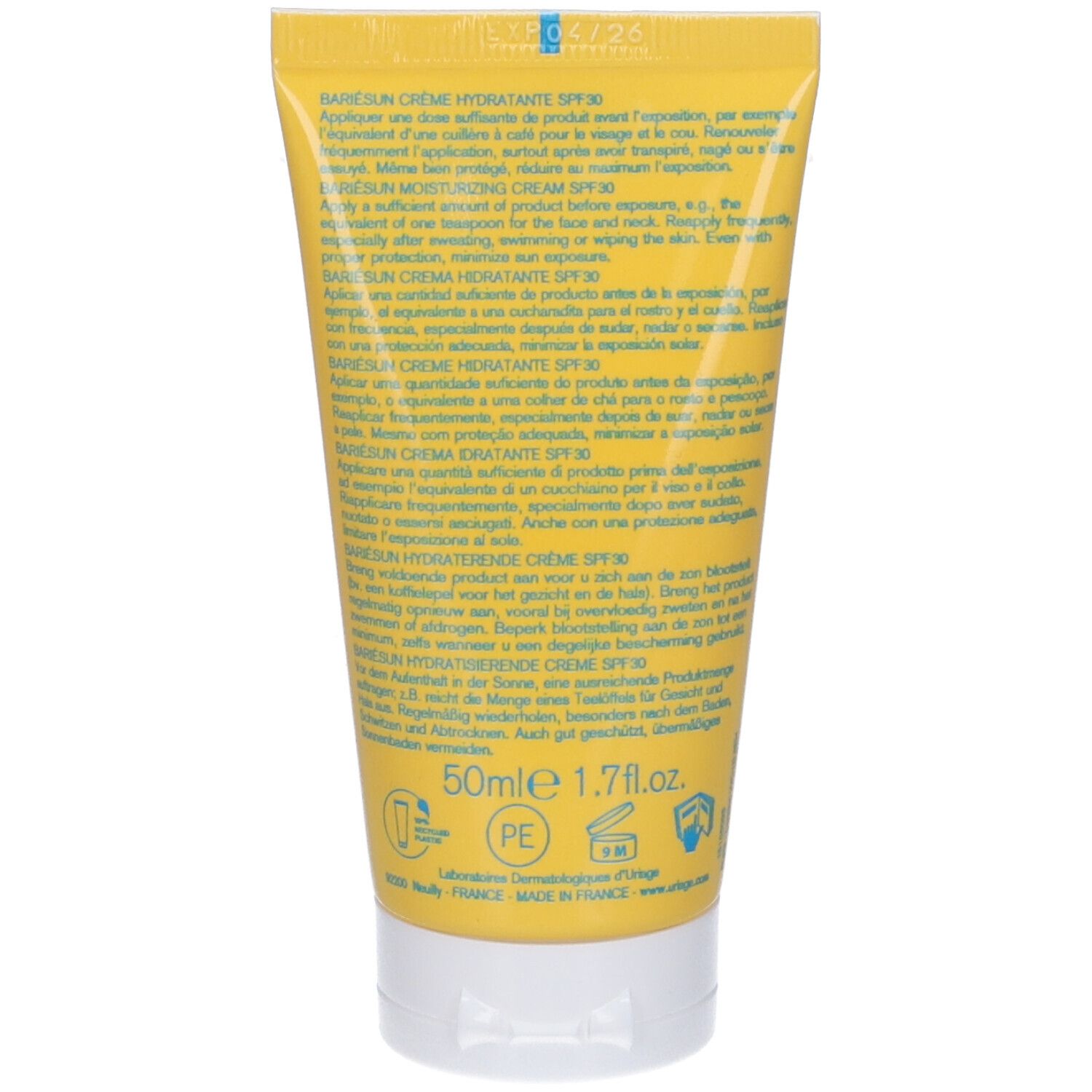 Retro del tubo giallo. Testo multilingue. 50ml. Prodotto in Francia.