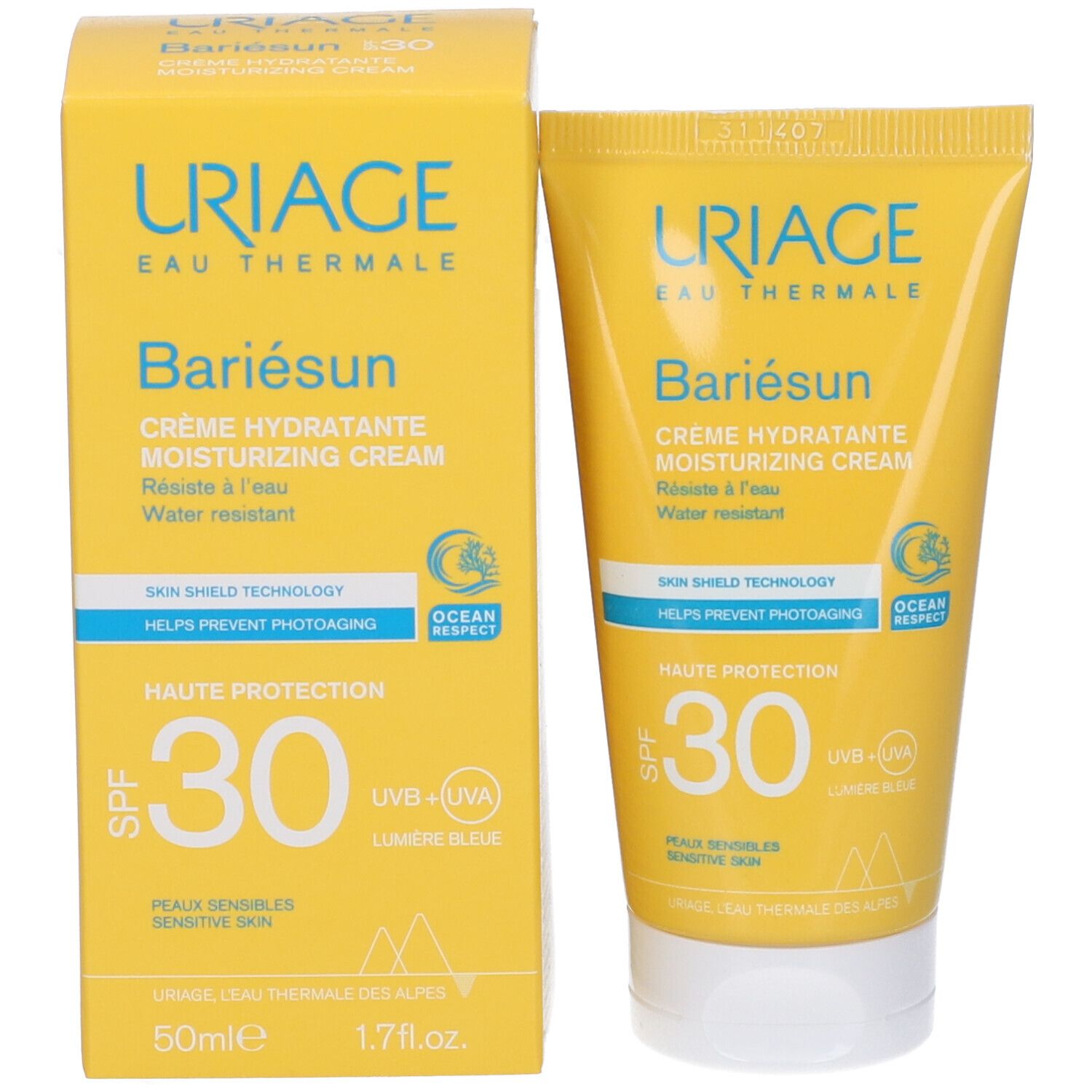 Scatola gialla URIAGE Bariésun Crema SPF 30. Testo e logo. 50ml.
