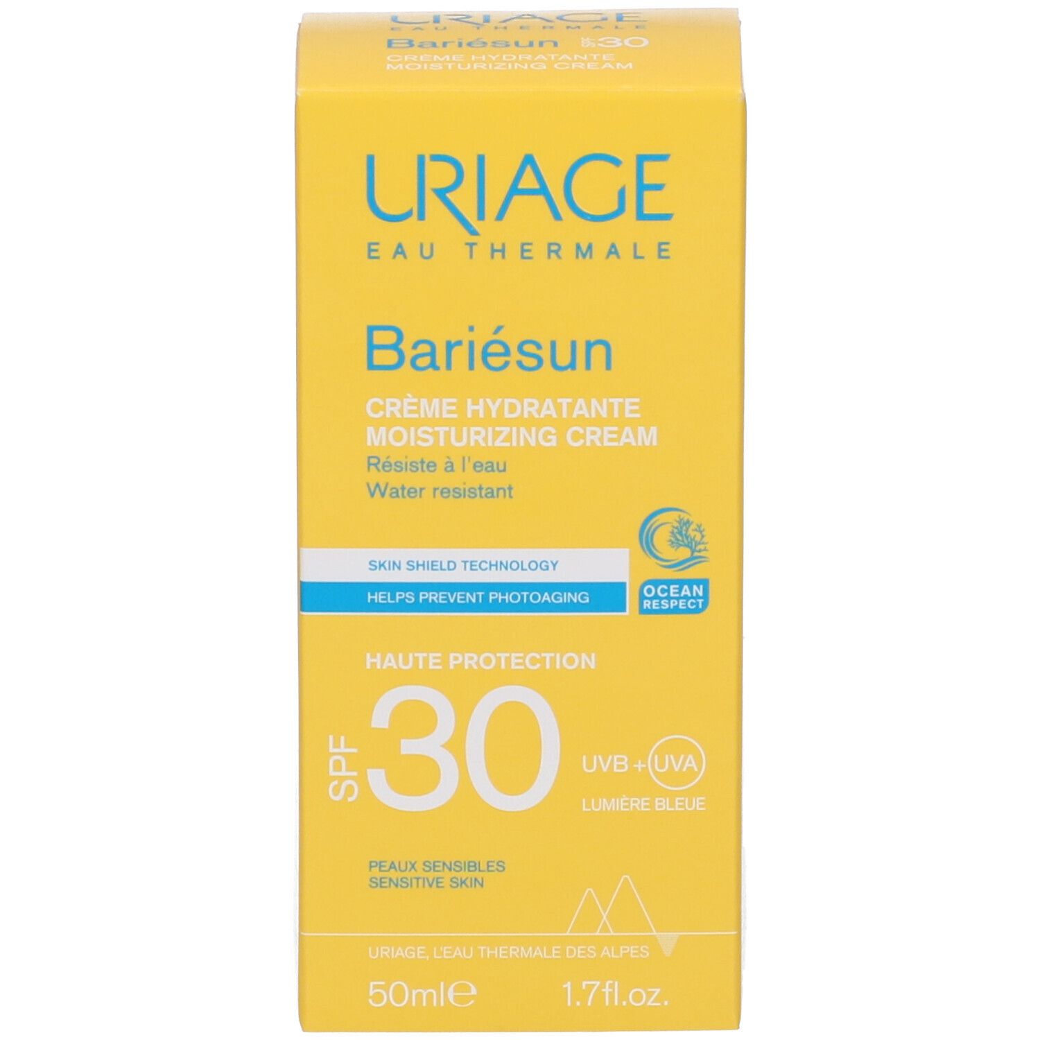 Scatola gialla URIAGE Bariésun Crema SPF 30. Testo e logo. 50ml.