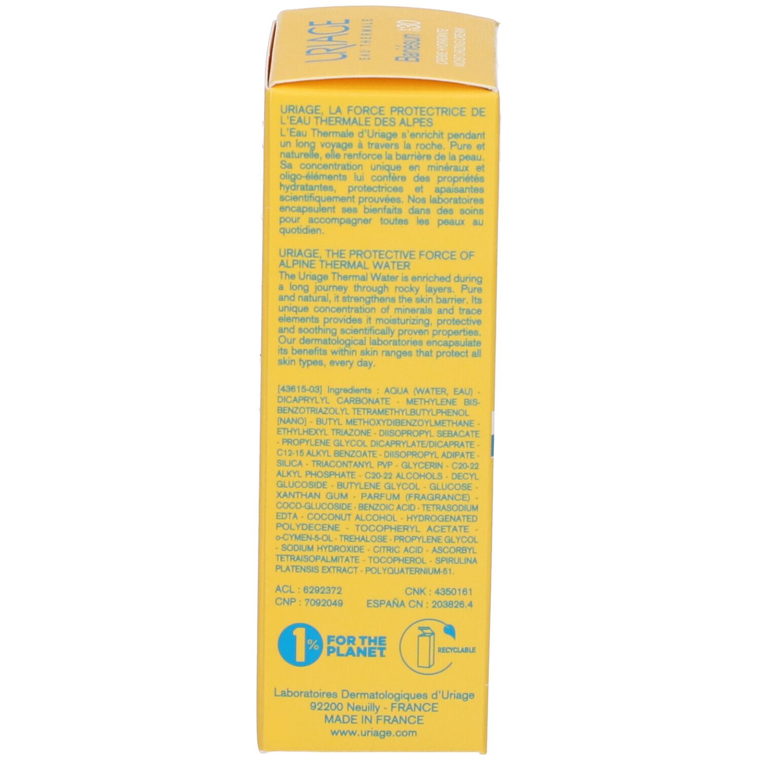 Retro della scatola gialla. Testo multilingue. Ingredienti e informazioni.