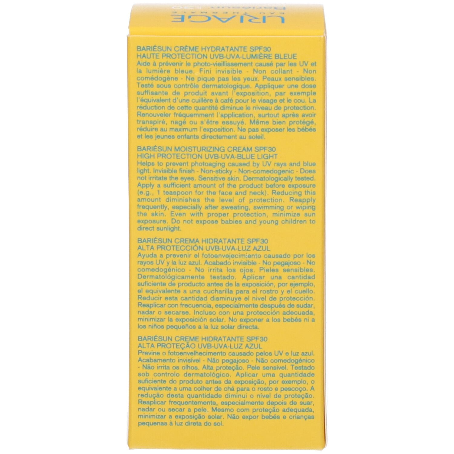 Retro della scatola gialla. Testo multilingue. Istruzioni per l'uso.