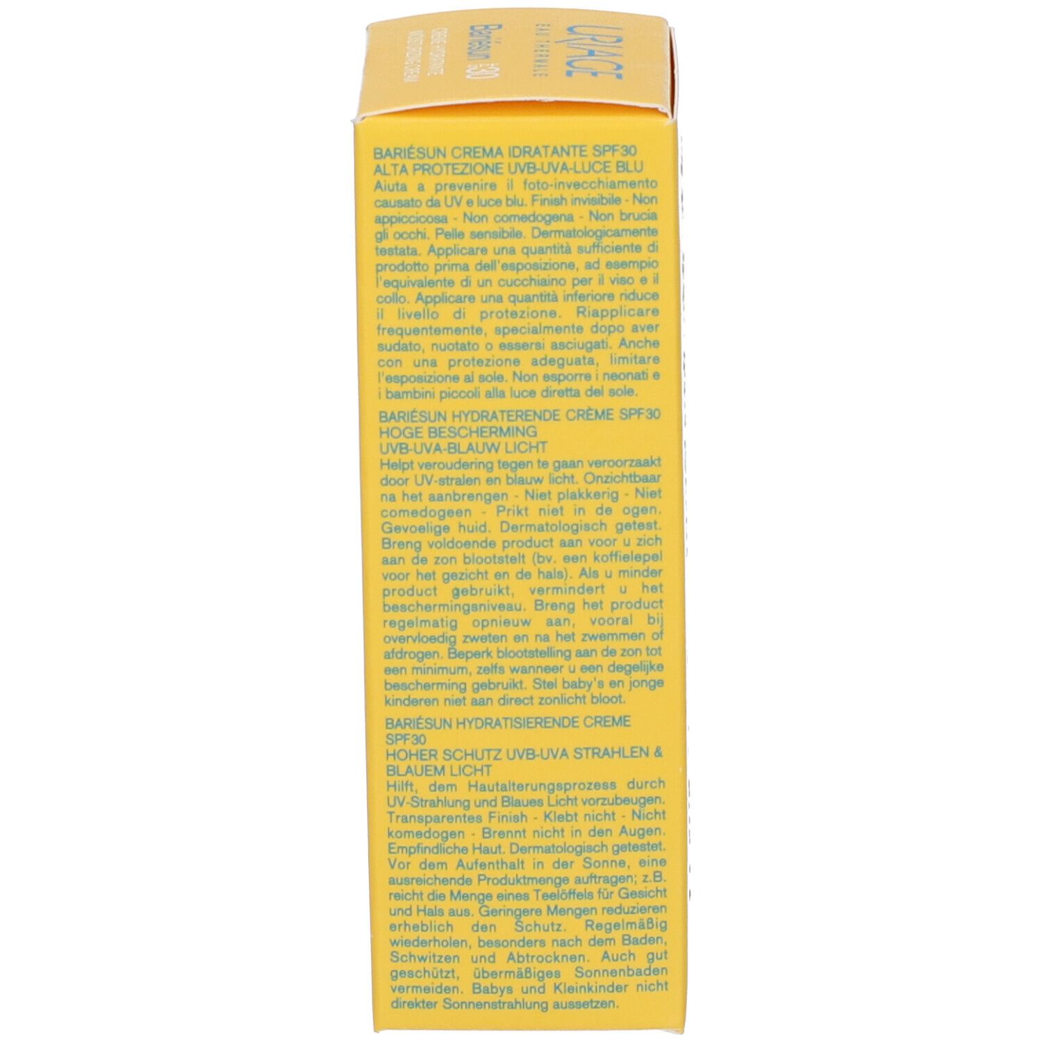 Retro della scatola gialla. Testo multilingue. Istruzioni per l'uso.