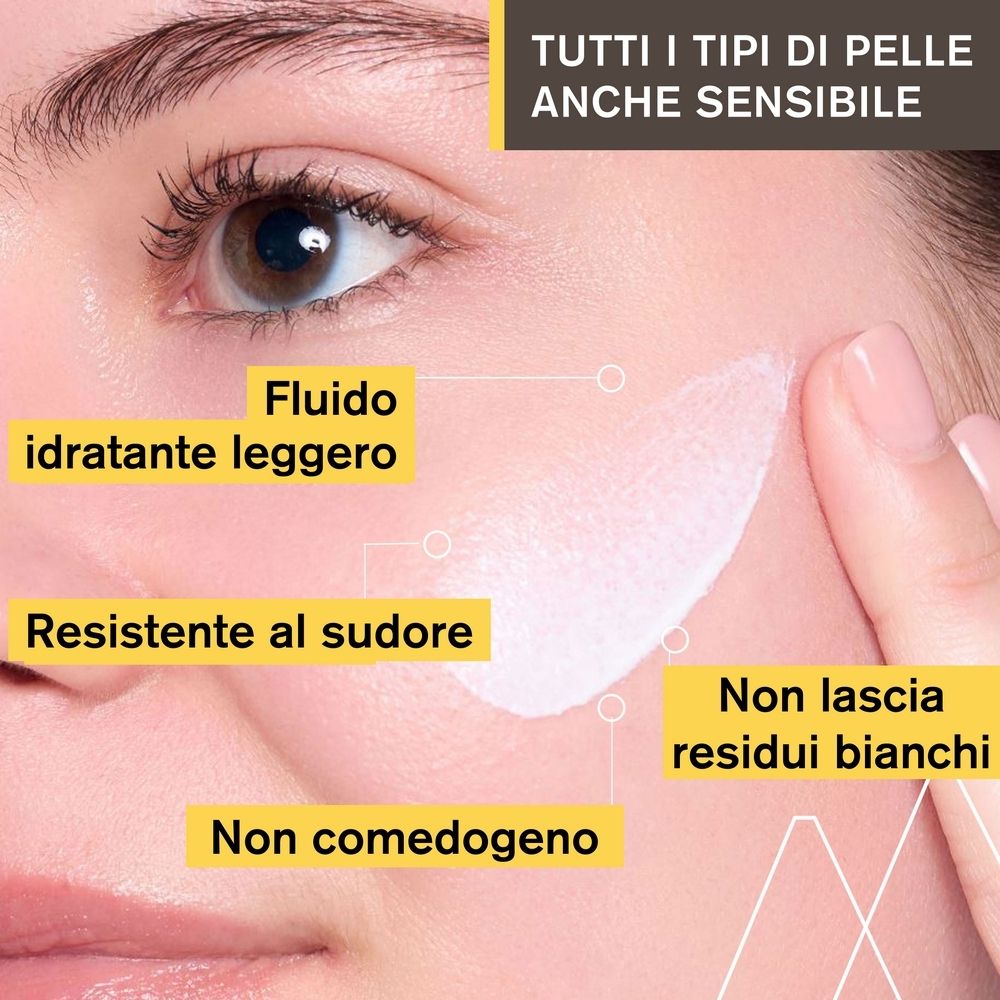 Primo piano di un viso con crema. Testo: Idratante, resistente al sudore, non comedogenico.