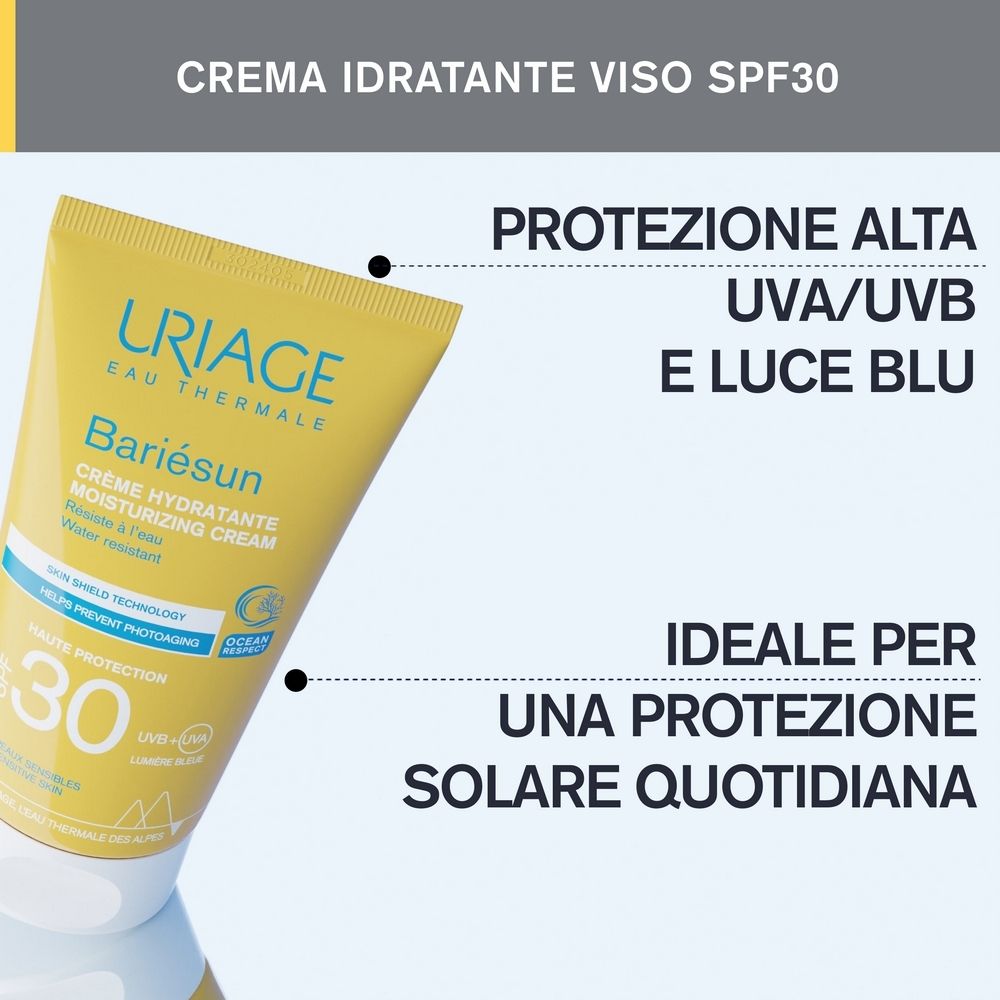Tubo giallo URIAGE Bariésun Crema SPF 30. Testo e logo. Per una protezione solare quotidiana.