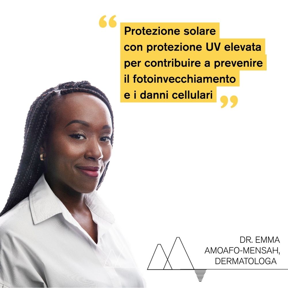 Donna con citazione: Protezione solare con alta protezione UV per prevenire l'invecchiamento. Dr. Emma Amoafo-Mensah.