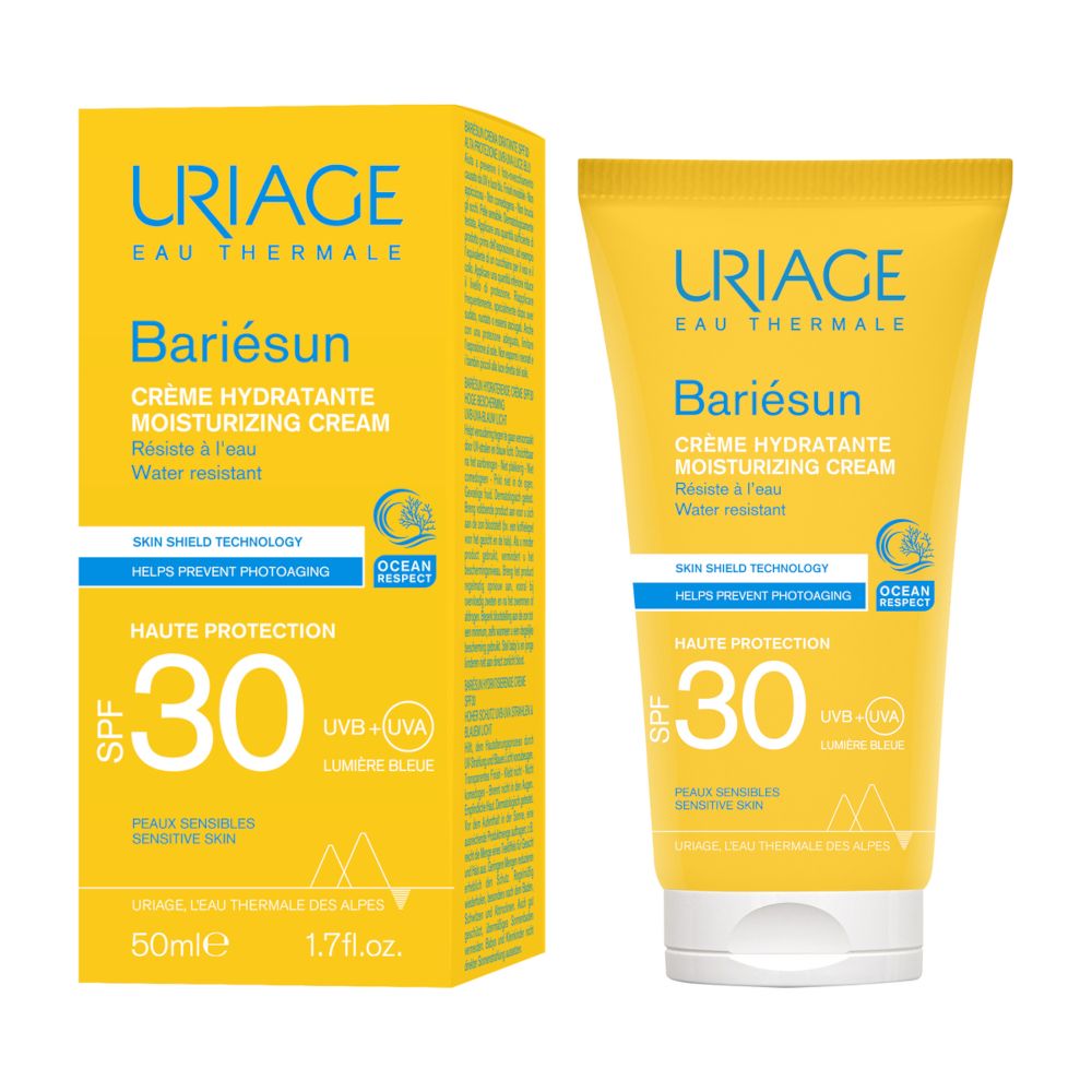 Tubo e scatola gialli URIAGE Bariésun Crema SPF 30. Testo e logo. 50ml.