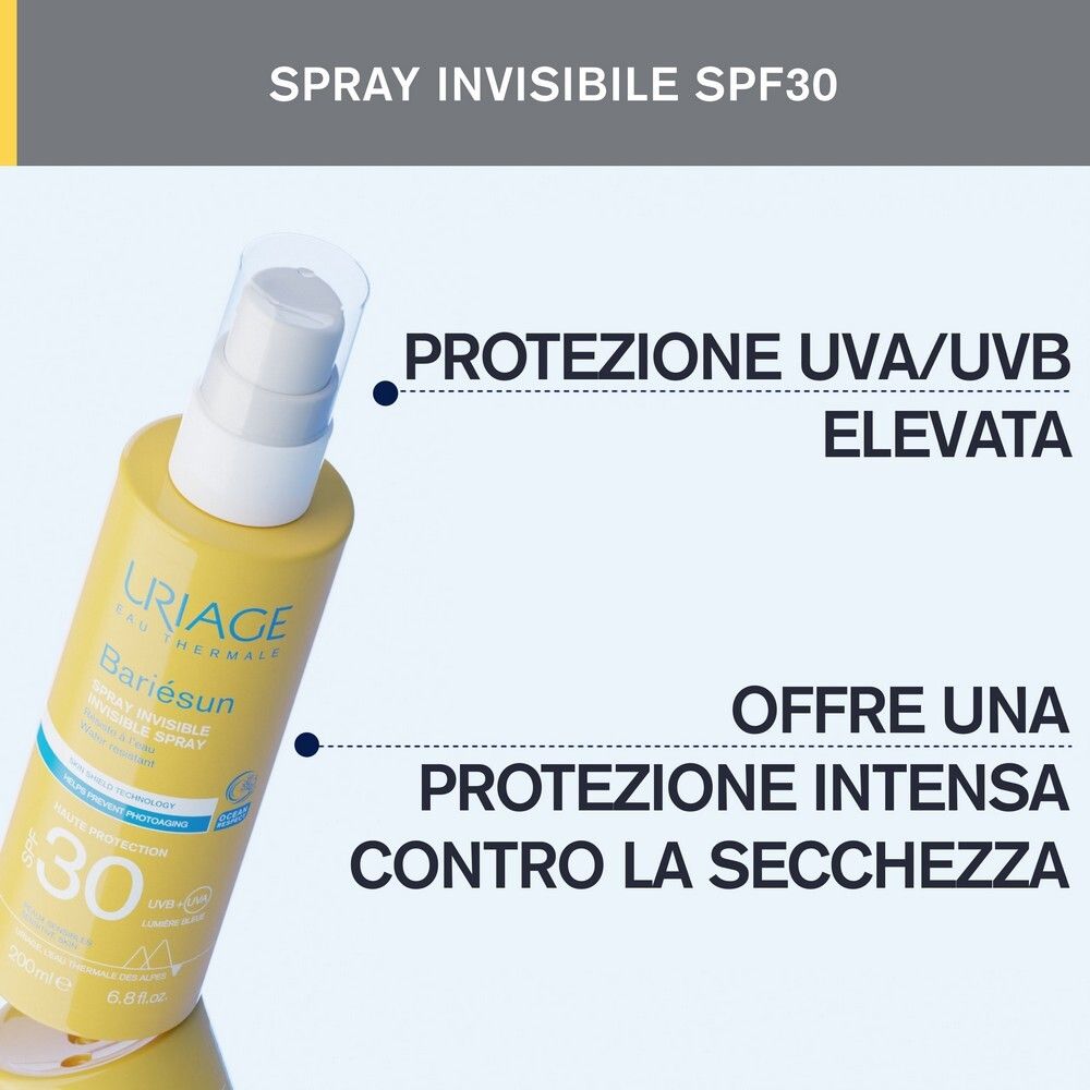 Produkt mit Text: Spray Invisible SPF30. Hoher UVA/UVB-Schutz. Schützt vor Austrocknung.