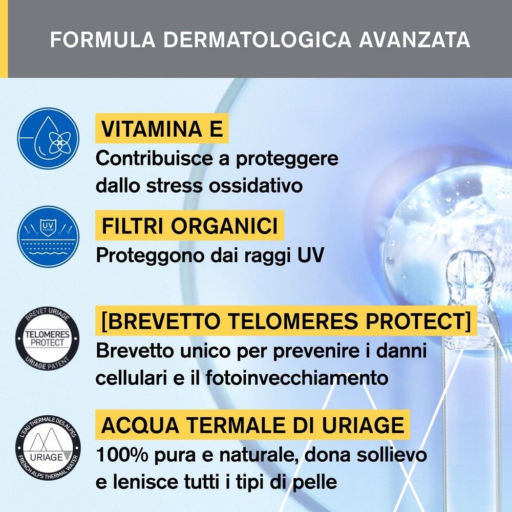 Textabschnitte über Inhaltsstoffe: Vitamin E, organische Filter, Telomeres Protect, Uriage Thermalwasser.