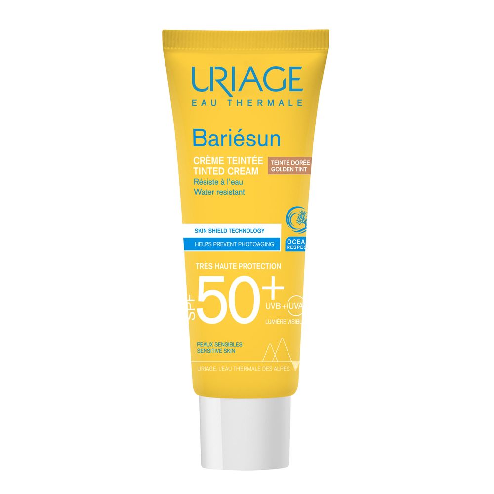Tubo giallo Uriage Bariésun Crema Tinted Golden SPF50+. Resistente all'acqua, per pelli sensibili.