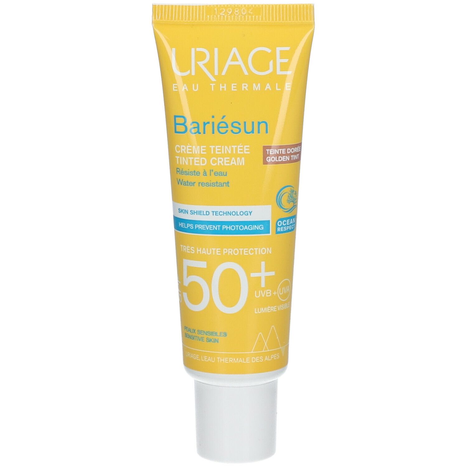 Tubo giallo Uriage Bariésun Crema Tinted Golden SPF50+. Vista frontale.