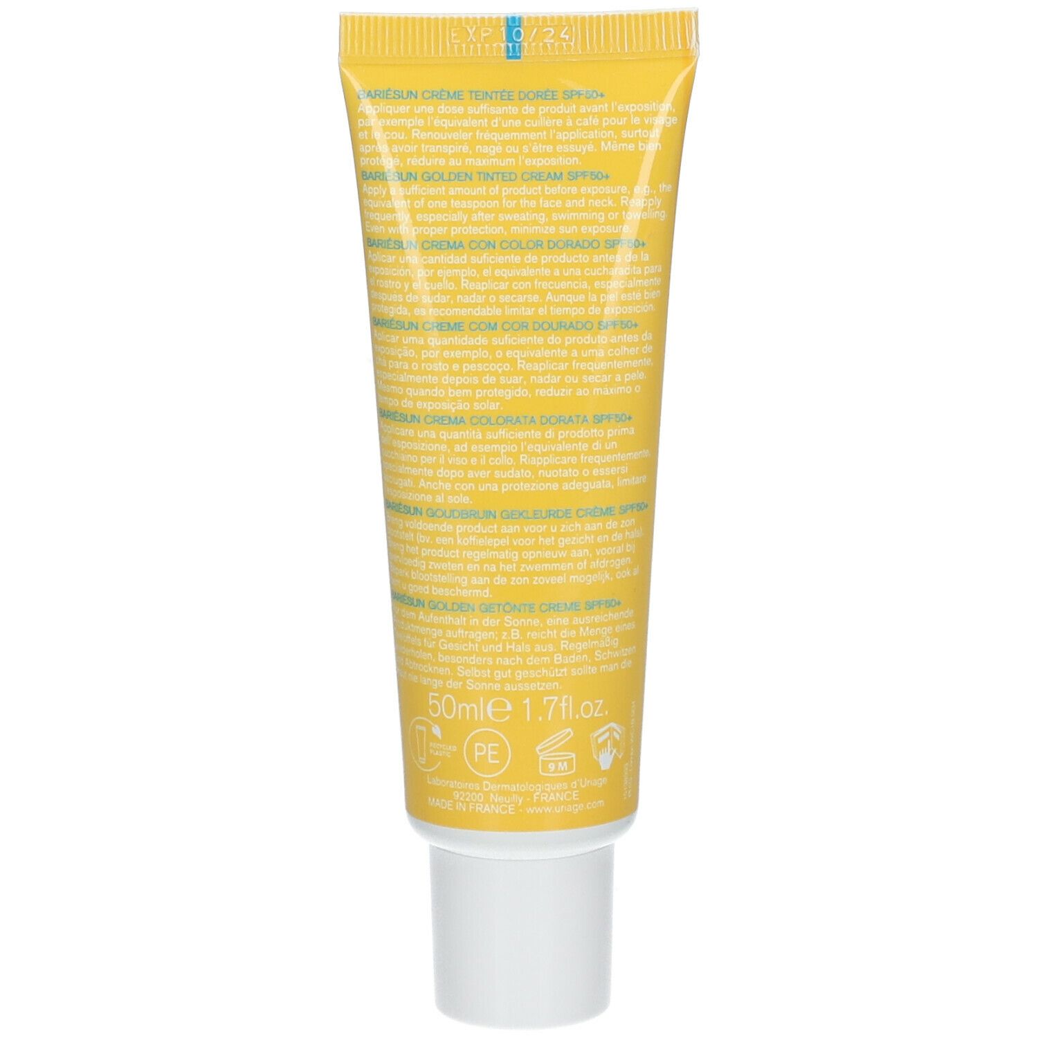 Retro del tubo giallo Uriage Bariésun Crema Tinted Golden SPF50+. Testo e informazioni.