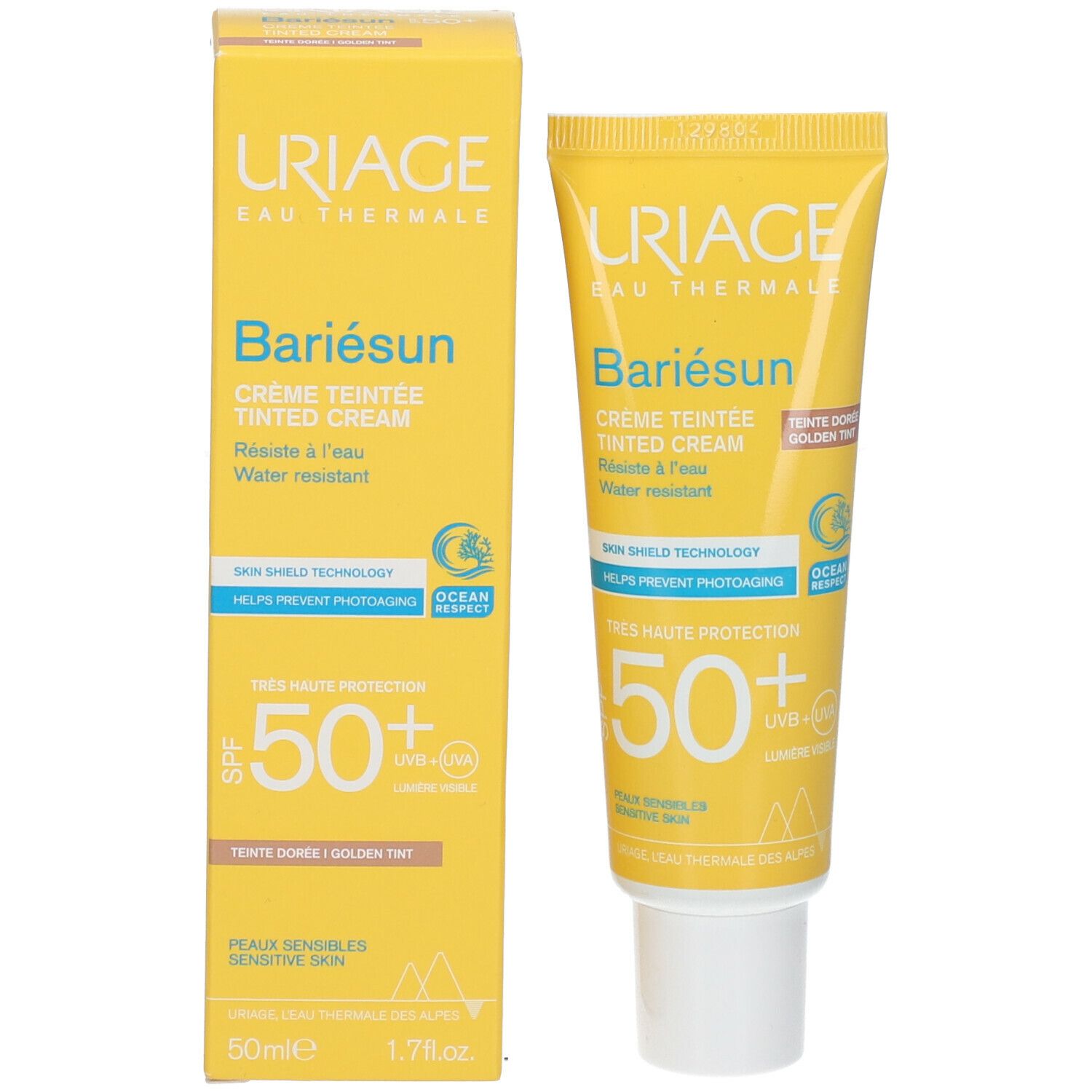 Uriage Bariésun Crema Tinted Golden SPF50+ e confezione. Vista frontale.
